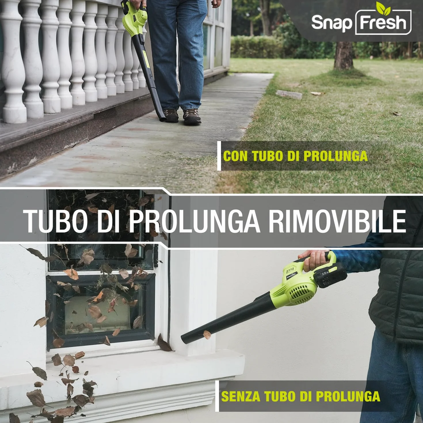 SnapFresh Soffiatore a Batteria 20V Soffiatore Elettrico per Foglie Leggero 1,2 kg, 210 km/h 240 m³/h, 2 Velocità Regolabili, con Batteria e Caricabatterie, per Giardino/Prato/Auto/Polvere (Verde)