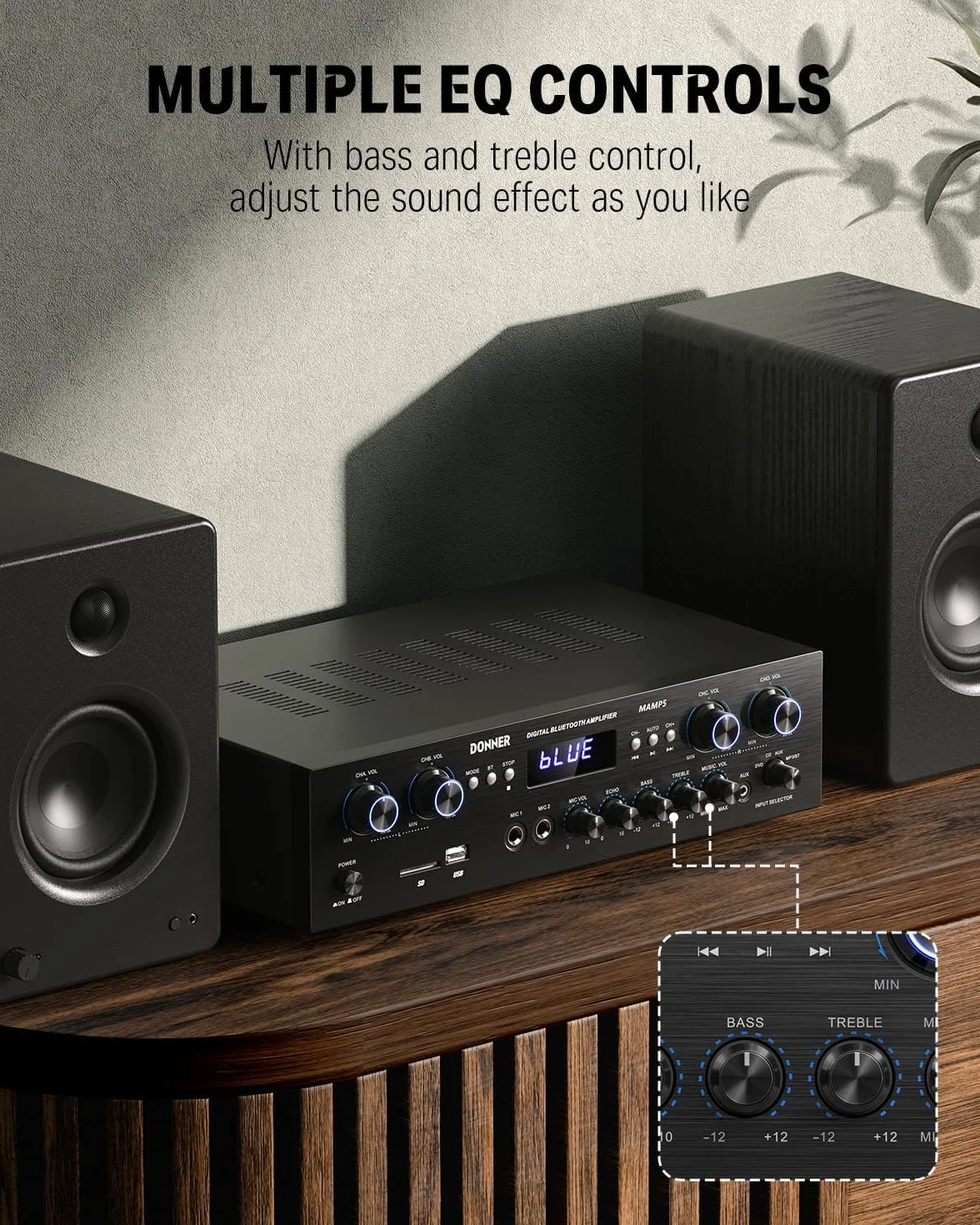 Donner MAMP5 Amplificatore Audio Bluetooth 5.0 Stereo 4 Canali HiFi 440W con USB SD FM 2 Microfono IN Echo RCA LED