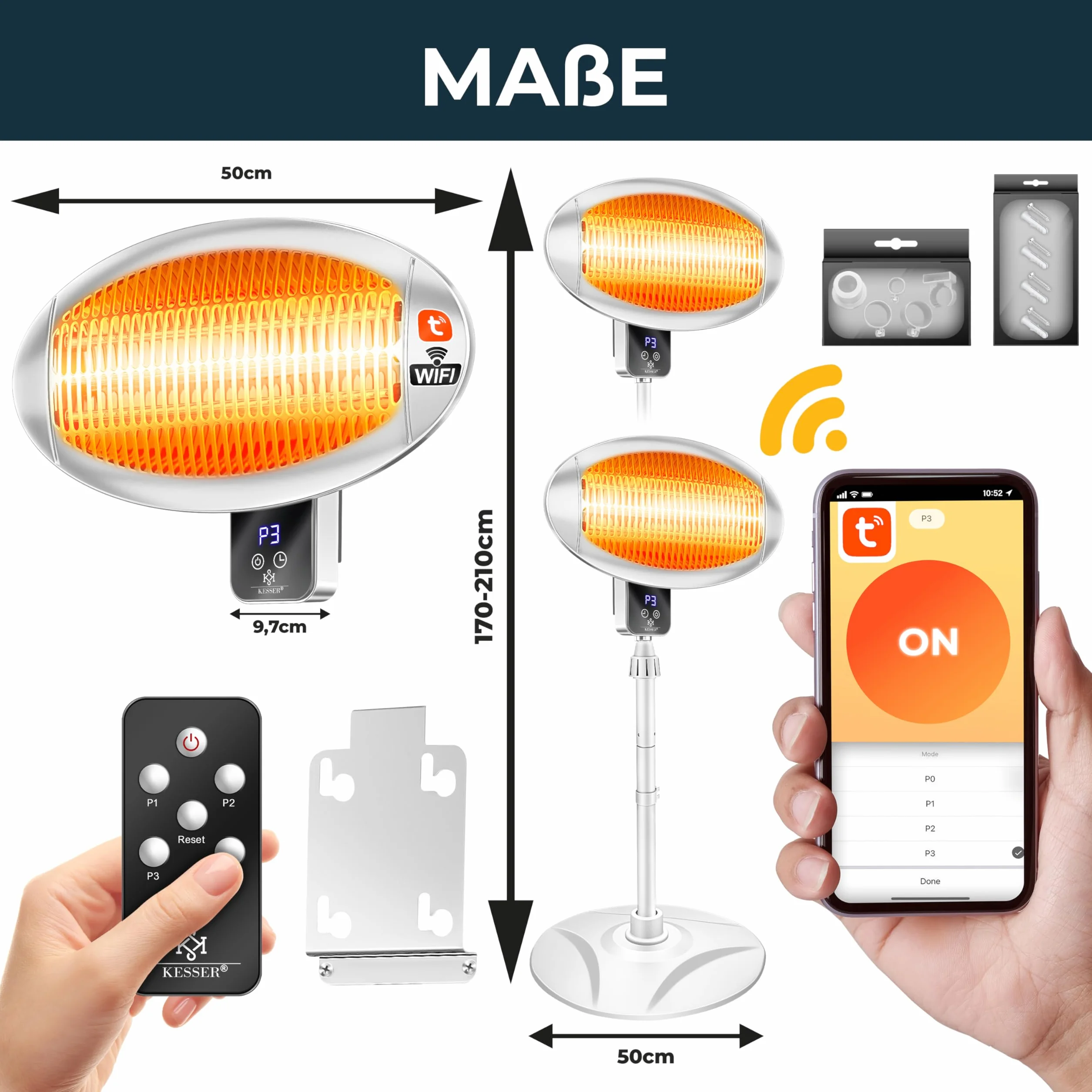 KESSER® Radiatore a Infrarossi 2000W con WIFI e Telecomando 360° Girevole, IPX4