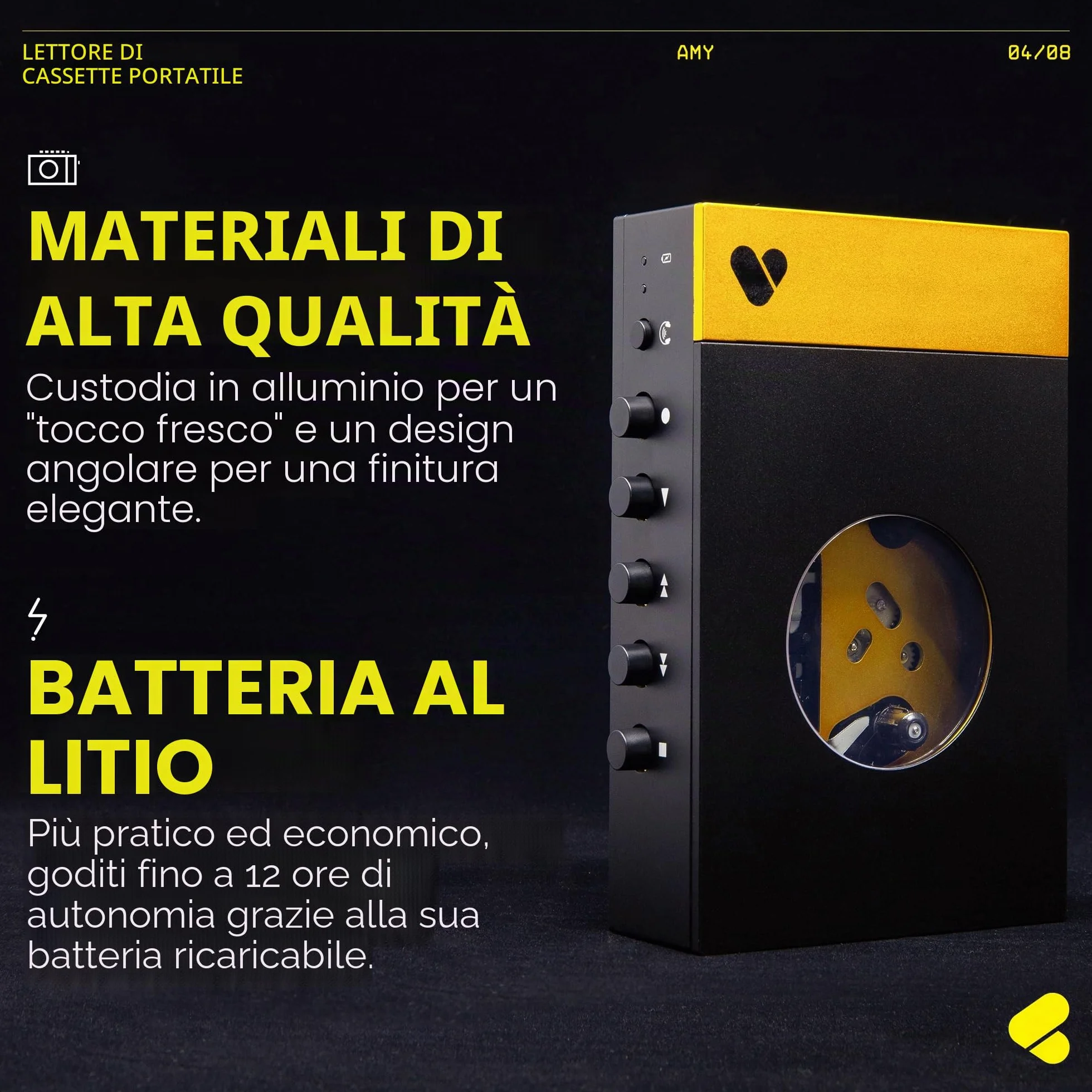 We are Rewind Lettore a cassette portatile Bluetooth, registratore con altoparlante, cuffie, cavo 3,5 mm - Amy Nero & Giallo
