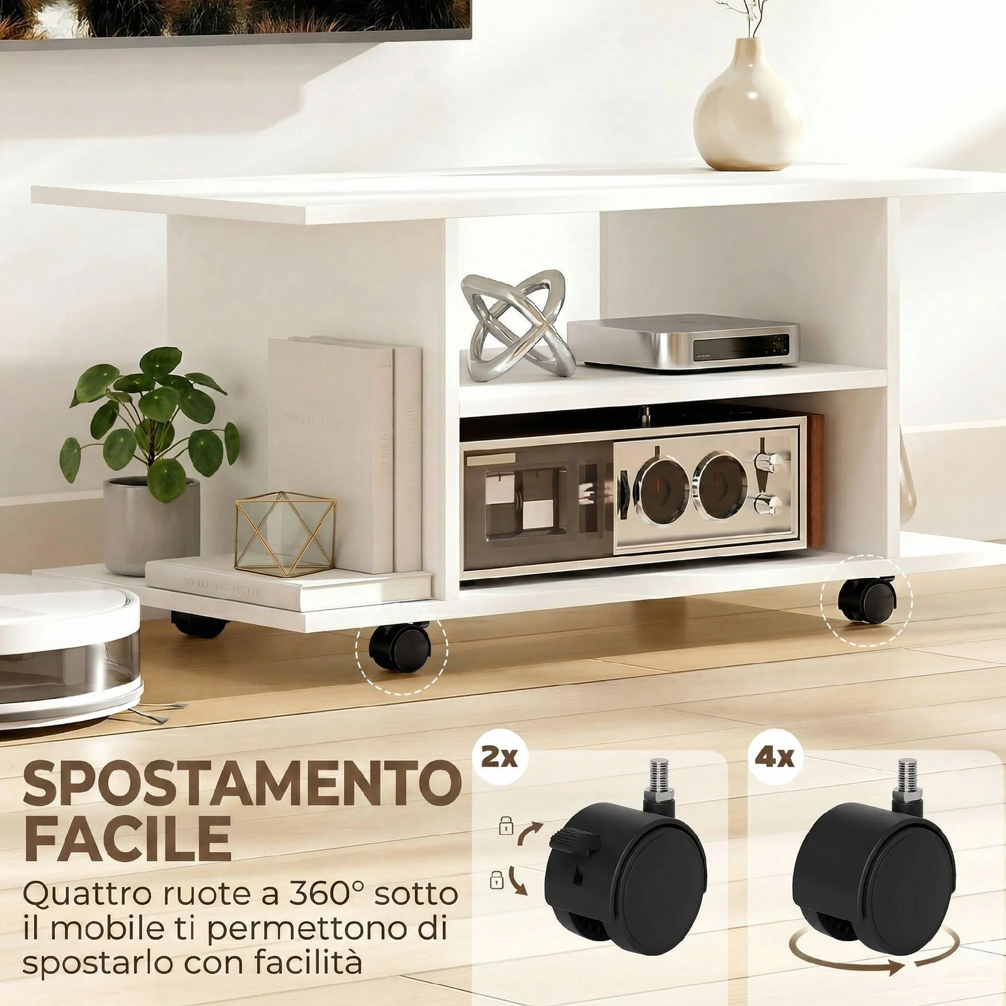 HOMCOM Mobile TV Moderno con Ripiani, 42" Porta TV con Ruote, 80x40x40 cm, Bianco