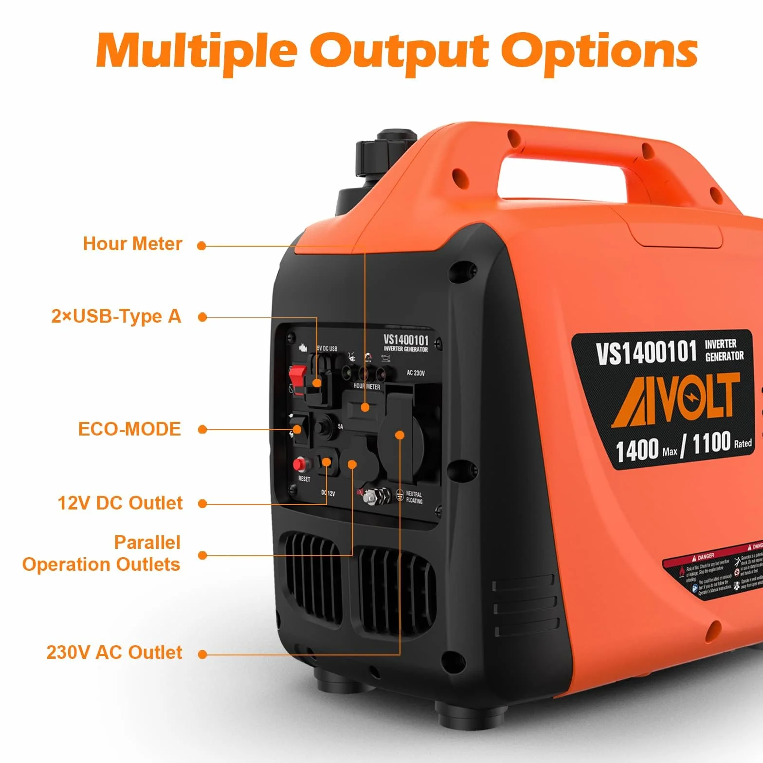 AIVOLT Generatore Inverter 1400 Watt generatore di corrente silenziato gruppo elettrogeno emergenza a benzina silenzioso per campeggio, festival e uso domestico con 2 prese USB, 12V DC e 230 V AC