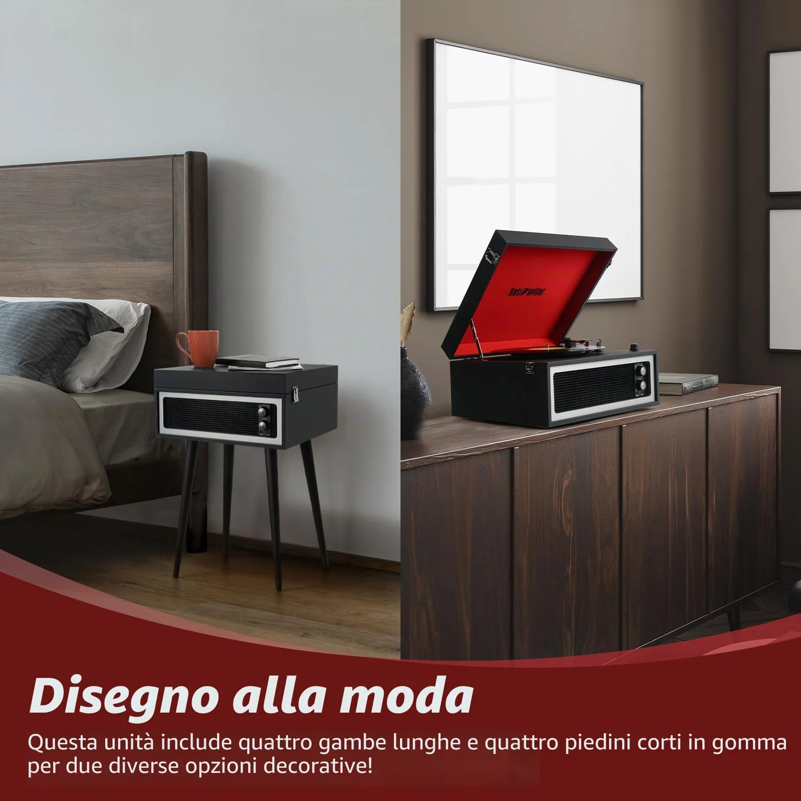 Giradischi Bluetooth 3 Velocità con Altoparlanti Integrati e Gambe Staccabili, Riproduzione USB, Nero