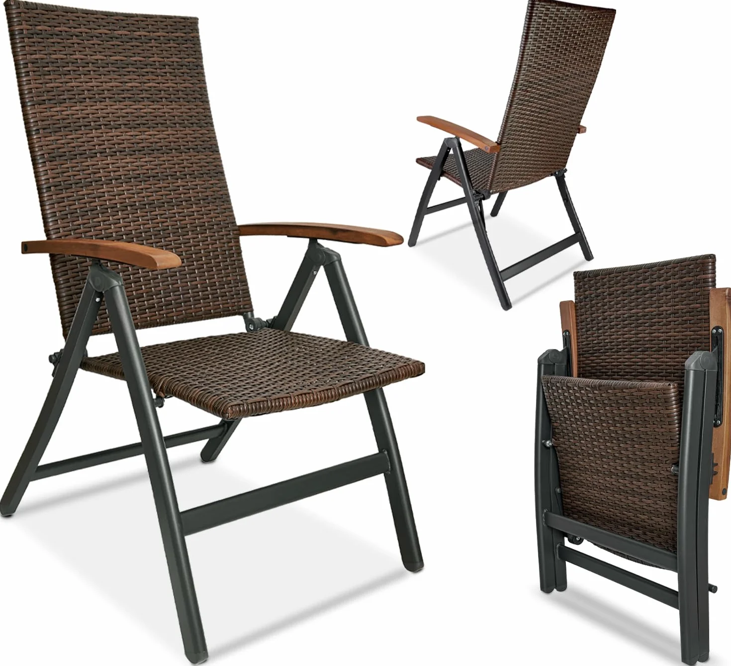 Brubaker Modena Sedia da Giardino in Poli Rattan - Sedie con Schienale Alto Pieghevole - Schienale Regolabile in 7 Posizioni - Metallo - Resistente alle Intemperie - Marrone/Grigio