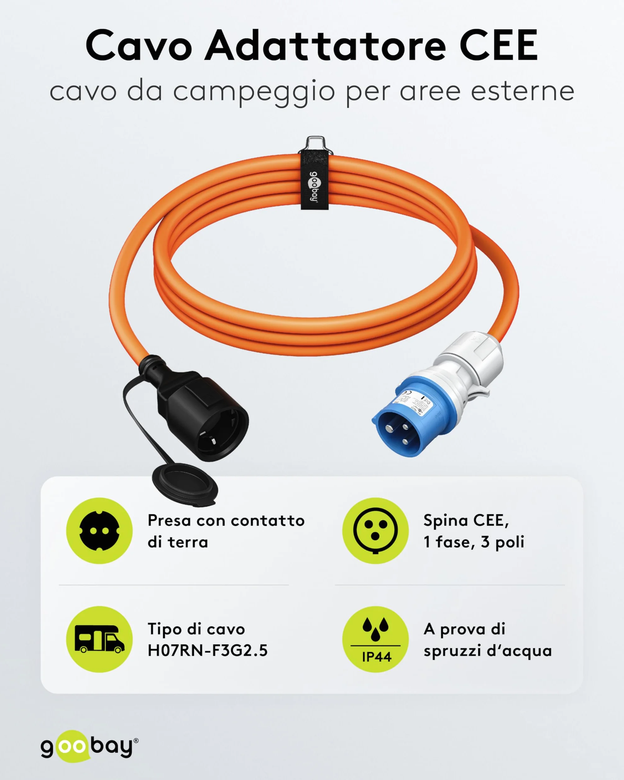 goobay Cavo adattatore CEE per caravan, 1,5 m, spina CEE a presa con contatto di protezione, uso esterno con IP44, 76223
