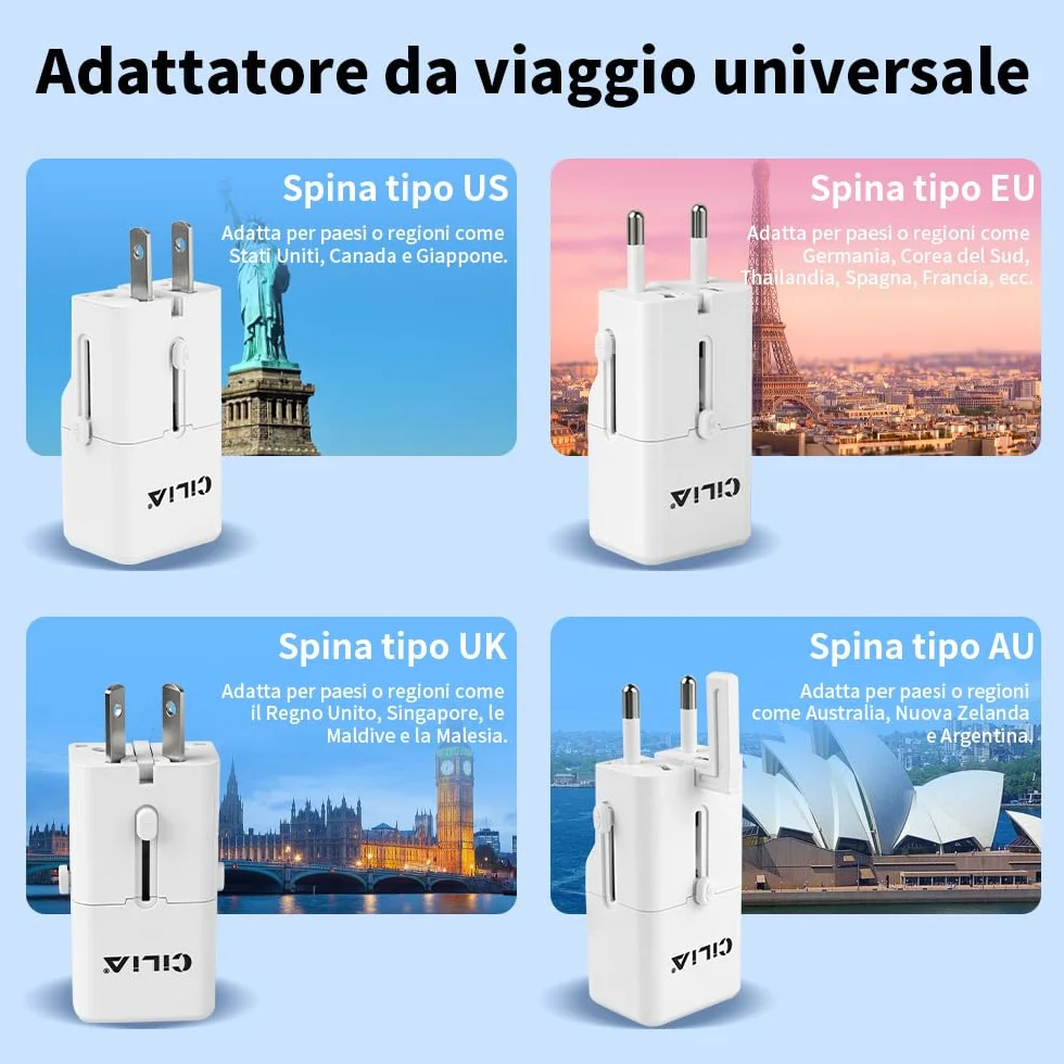 CILIA Adattatore Universale da Viaggio Presa Internazionale 150+ Paesi Spine US/UK/EU/AUS Compatto Bianco 2PCS