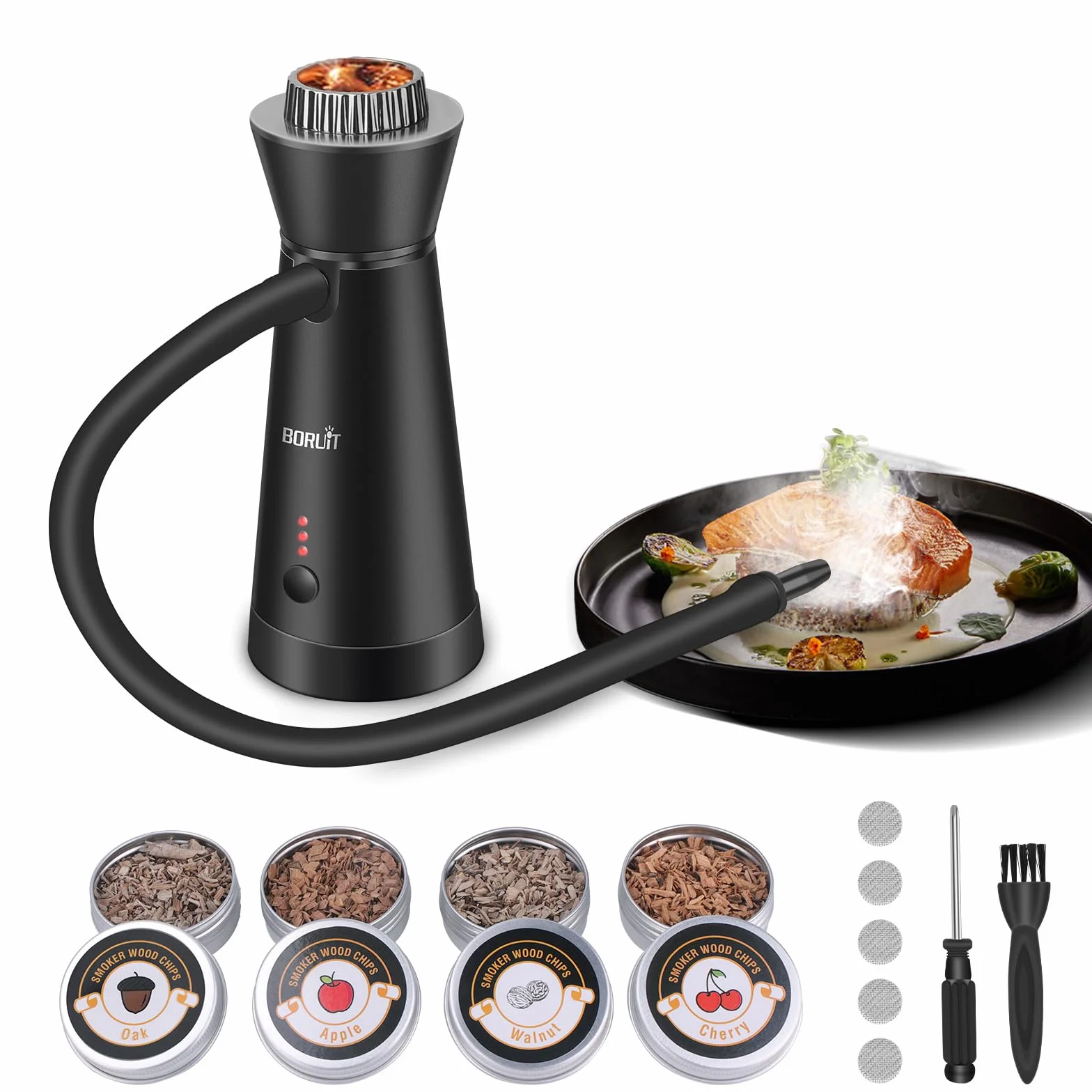 BORUIT SK301B Affumicatore per Alimenti, Fumatore Portatile con 4 Pezzi di Trucioli di Legno, Pistola Fumogena in Lega di Alluminio per Cucina, Carne, Salmone, Cocktail, Formaggio, Barbecue
