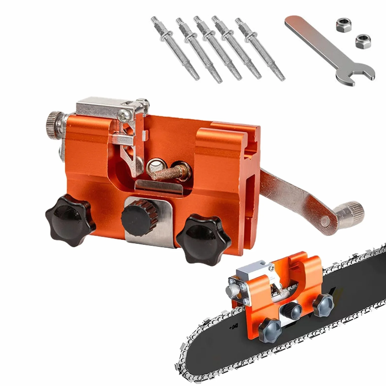 Klampero Kettenschärfer,profisaw Das Original Universal Kettenschärfer,tragbar Kettensäge Schärfgerät Set Präziser Universal,Tragbarer Handkurbel-Schärfer Mit 5 Schärfköpfen(A)