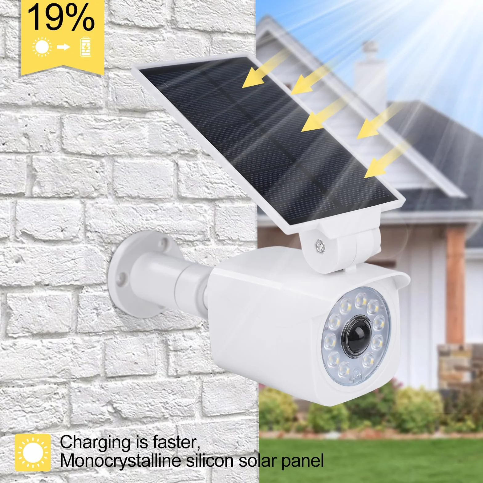Telecamera finta da esterno Faro LED solare con sensore movimento 360° Pannello solare girevole 120° 5V 1,5W 2200mAh IP65 Bianco