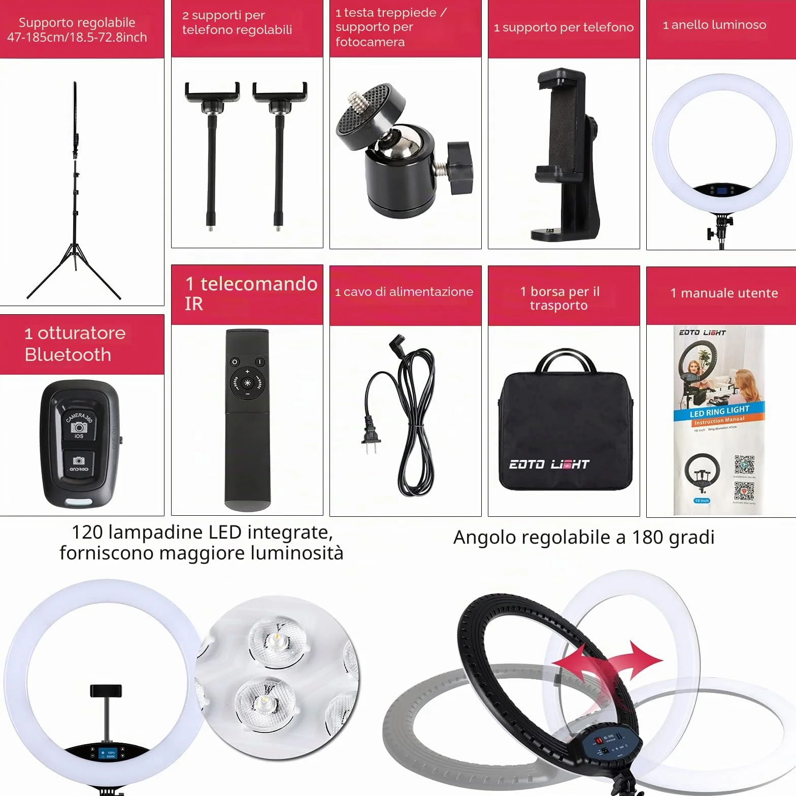 EOTO LIGHT 19 pollici LED Anello Luce con Treppiede per Selfie, Makeup, Vlog, CRI>97, Telecomando