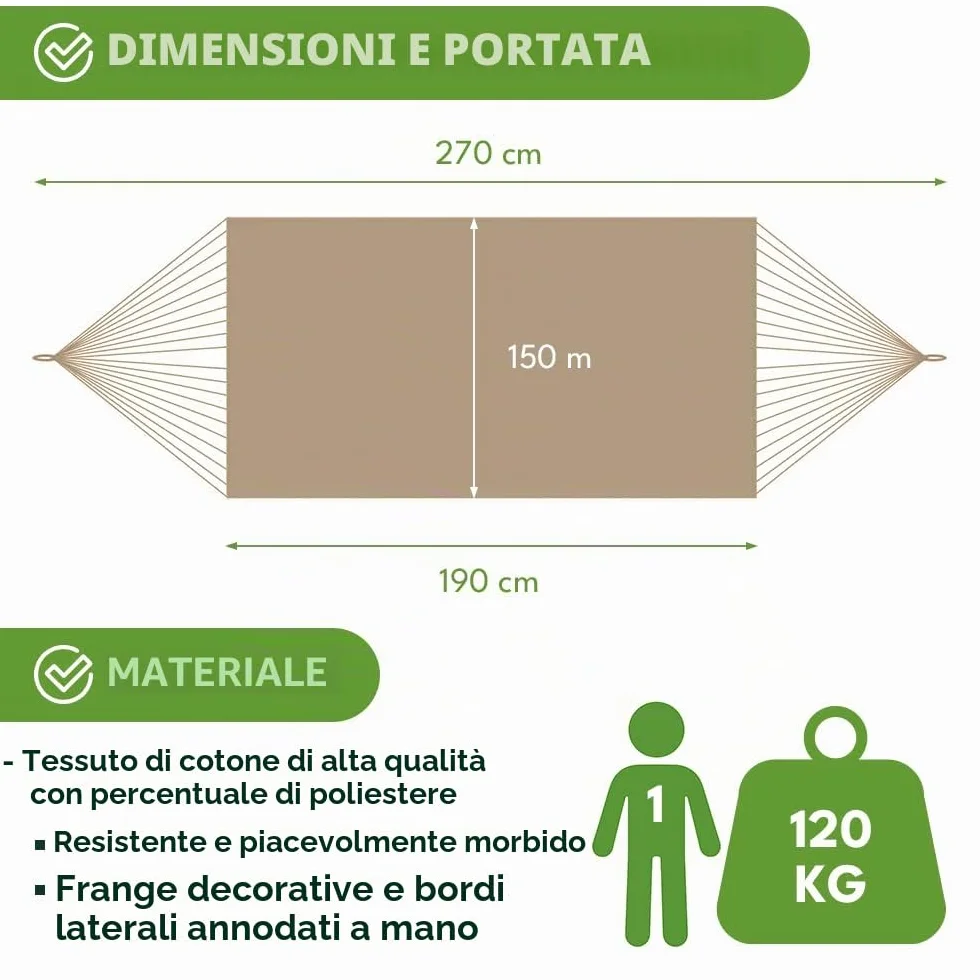 Amaca da esterno in stile bohémien 190 x 150 cm beige 120 kg cotone poliestere con frange sacchetto trasporto