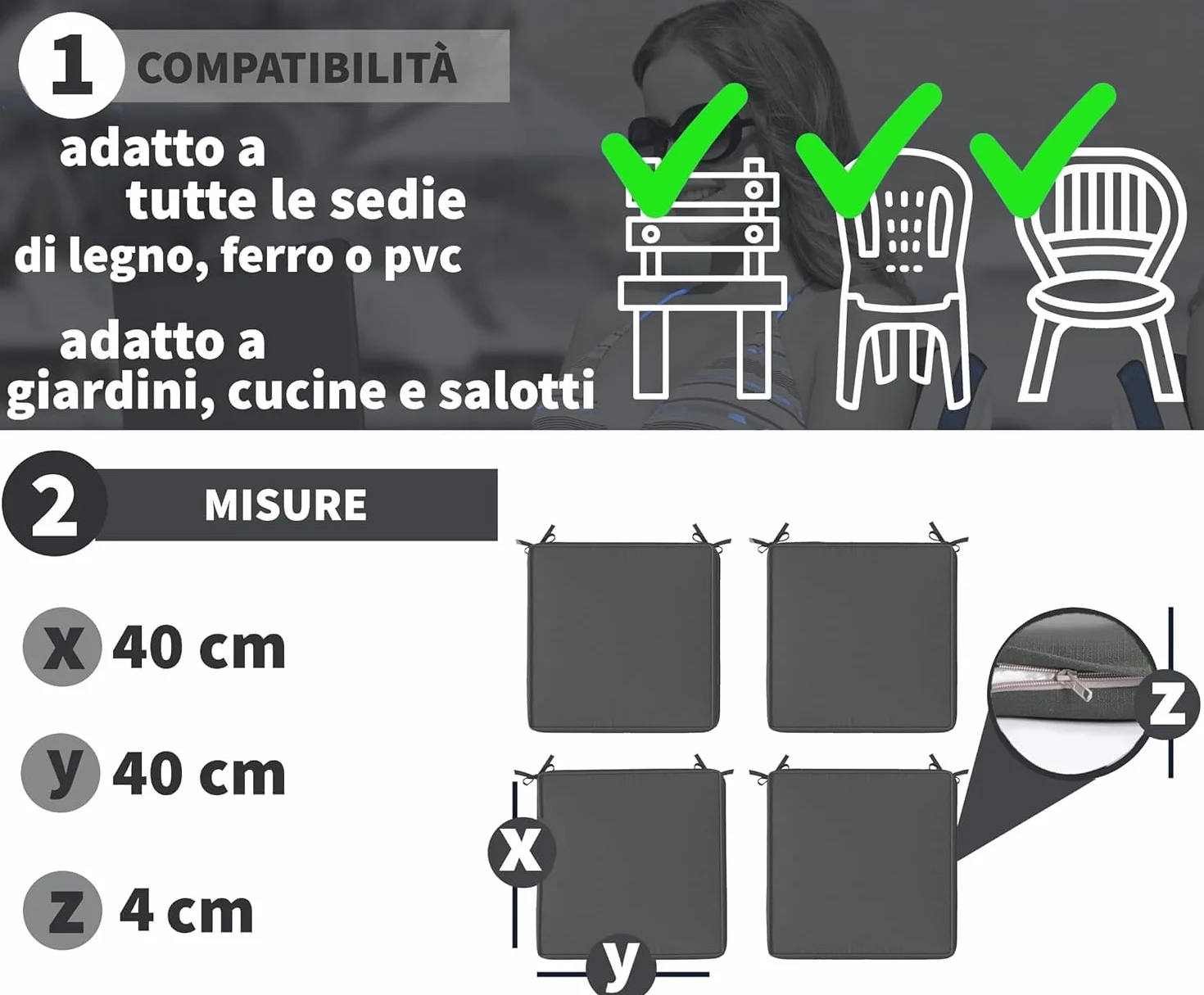 HAND - Set 4 Cuscini Sedie Esterno e Interno Sfoderabili 40x40 cm, Imbottitura Morbida, Cuscini per Sedie da Cucina, Giardino, Patio (Antracite, Set da 4)