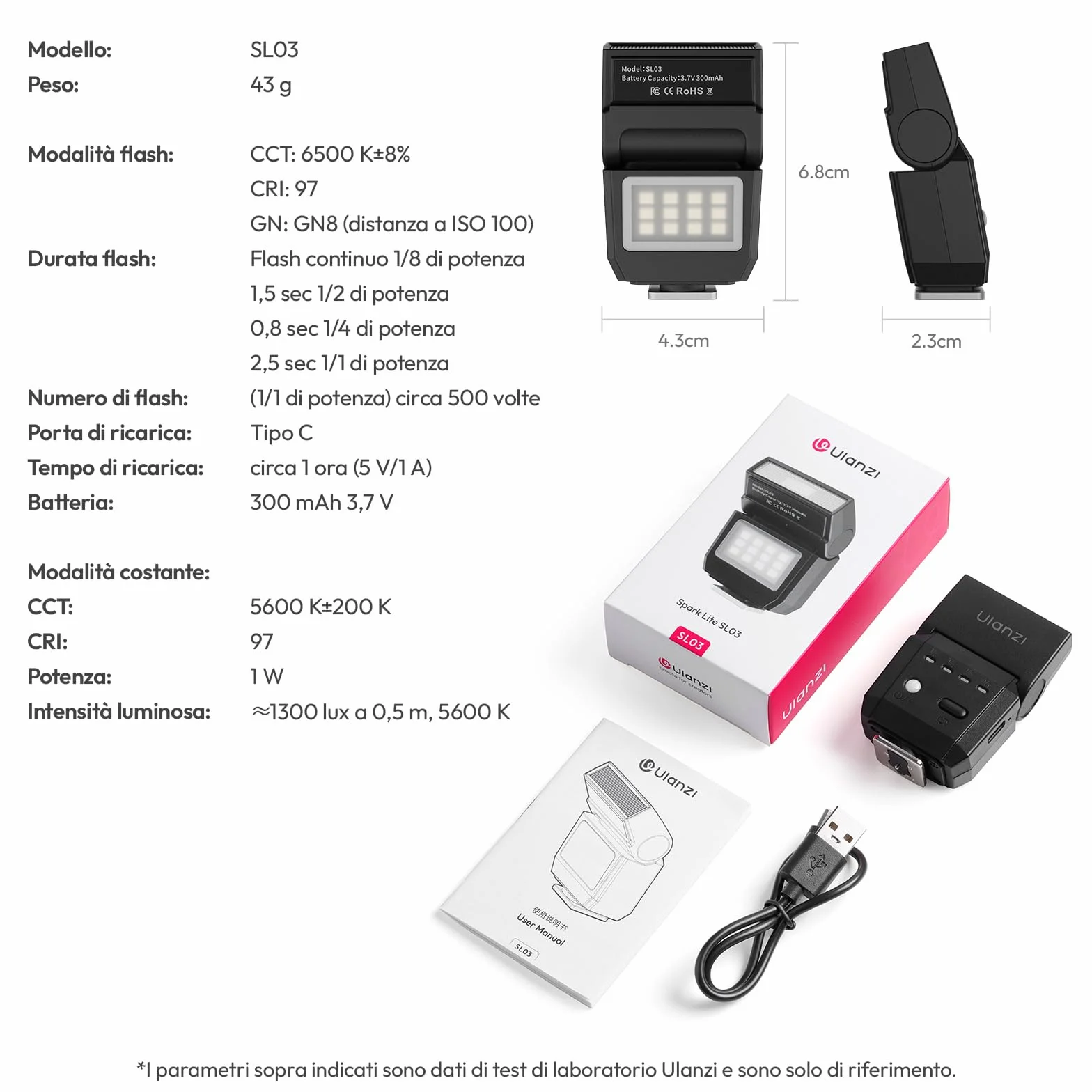 ULANZI SL03 Mini flash Speedlite GN8 6500K Angolo 90° regolabile per fotocamera