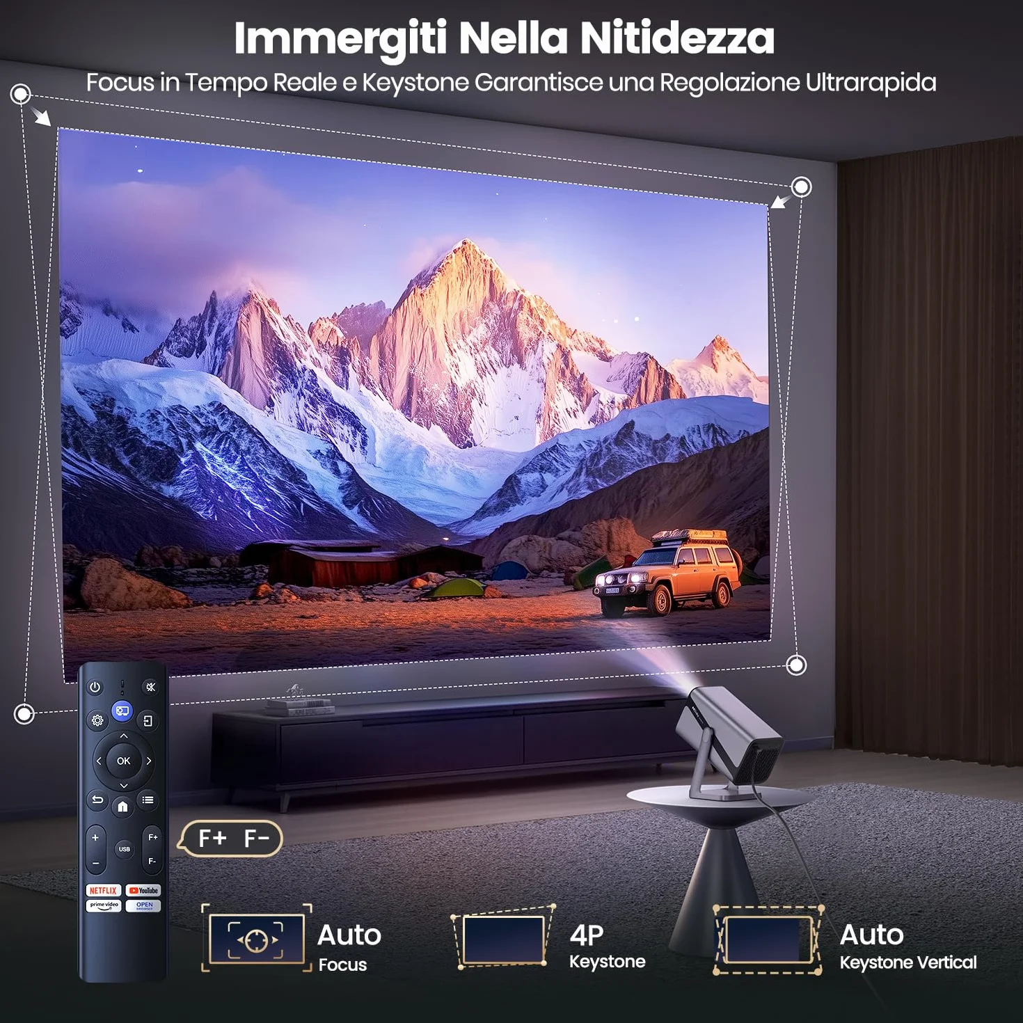 Proiettore 4K Smart TV 800 ANSI Auto Focus WiFi Bluetooth Tiro Corto Dolby Home Cinema