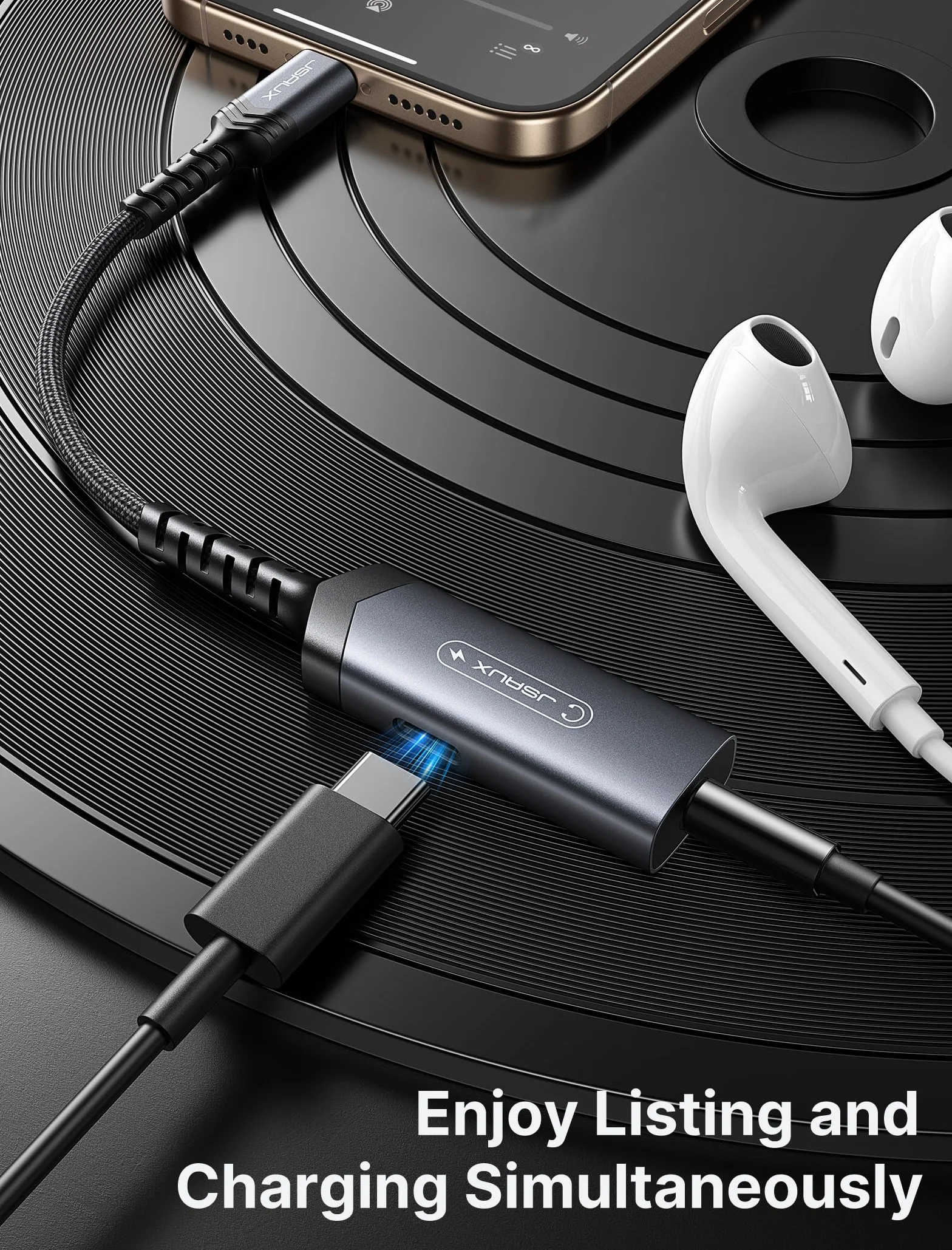 JSAUX Adattatore USB C a Jack 3,5mm con Ricarica PD 60W 2 in 1 DAC Hi-Res per Audio Aux con Microfono, Compatibile con iPhone 17/16/15, Galaxy S26/S25/S24, Pixel, iPad Pro/Air - Grigio
