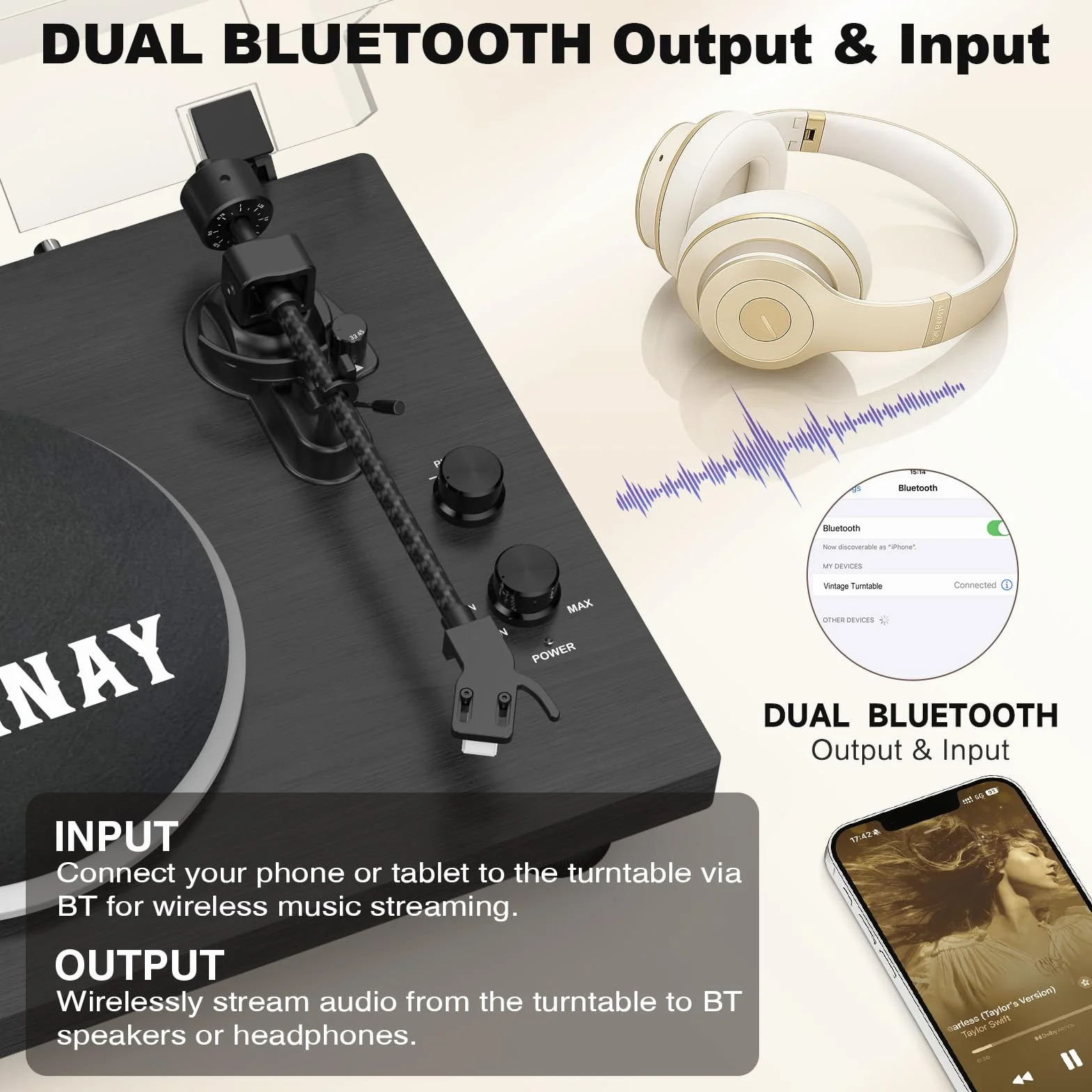 Giradischi Lettore con Contrappeso Regolabile Bluetooth 33/45 RPM 7/10/12 Pollici Suono Hi-Fi Nero
