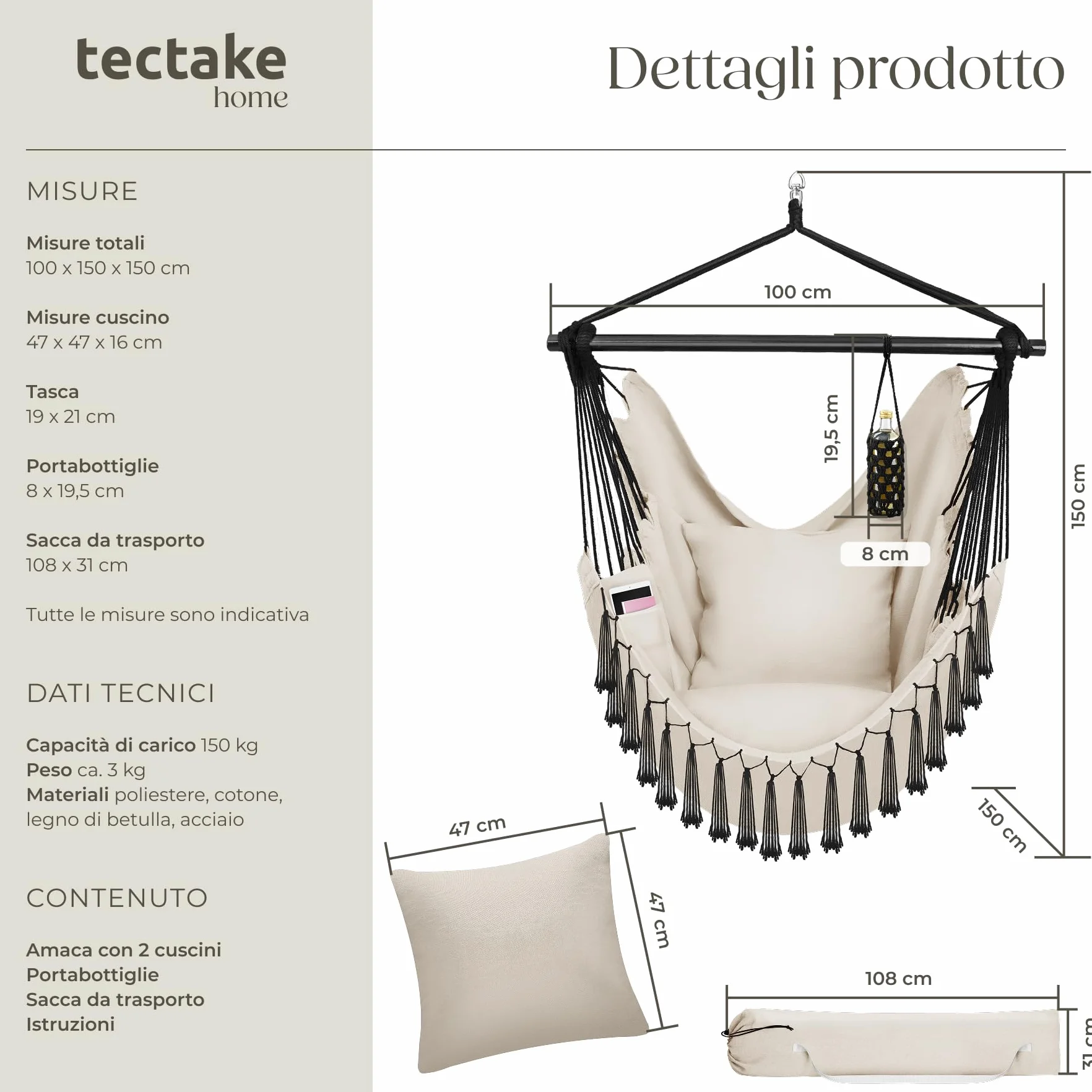 tectake® Poltrona Sospesa Malika, Stile Bohemien, Tessuto Misto Cotone-Poliestere Traspirante, Cuscini Extra Spessi, Scomparto per Libri, Appoggio per Bibite Regolabile, Carico Massimo 150kg - Beige