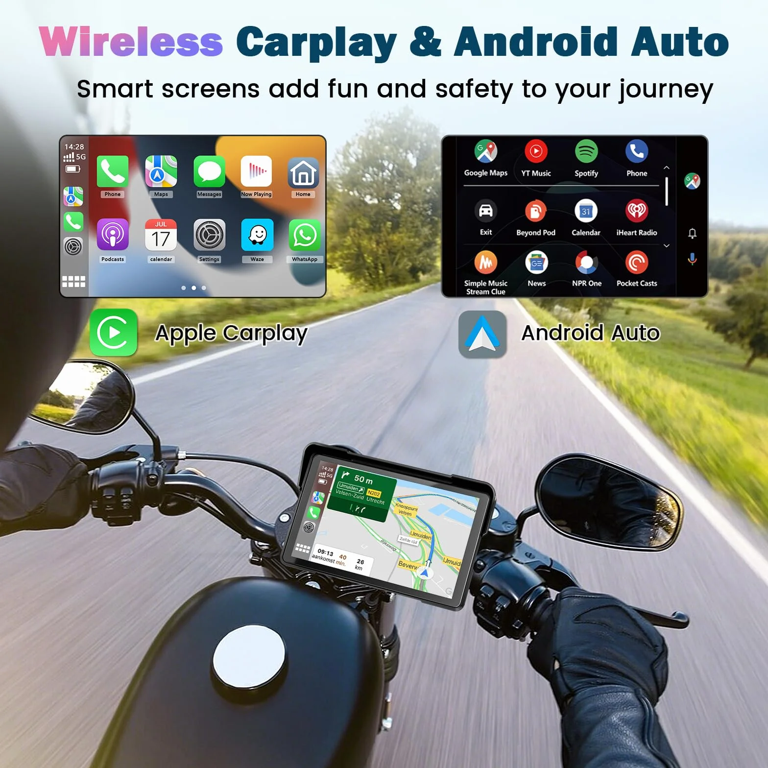 Schermo Carplay Moto 7 Pollici Portatile GPS Impermeabile Bluetooth Carplay Android Auto Supporto Magnetico