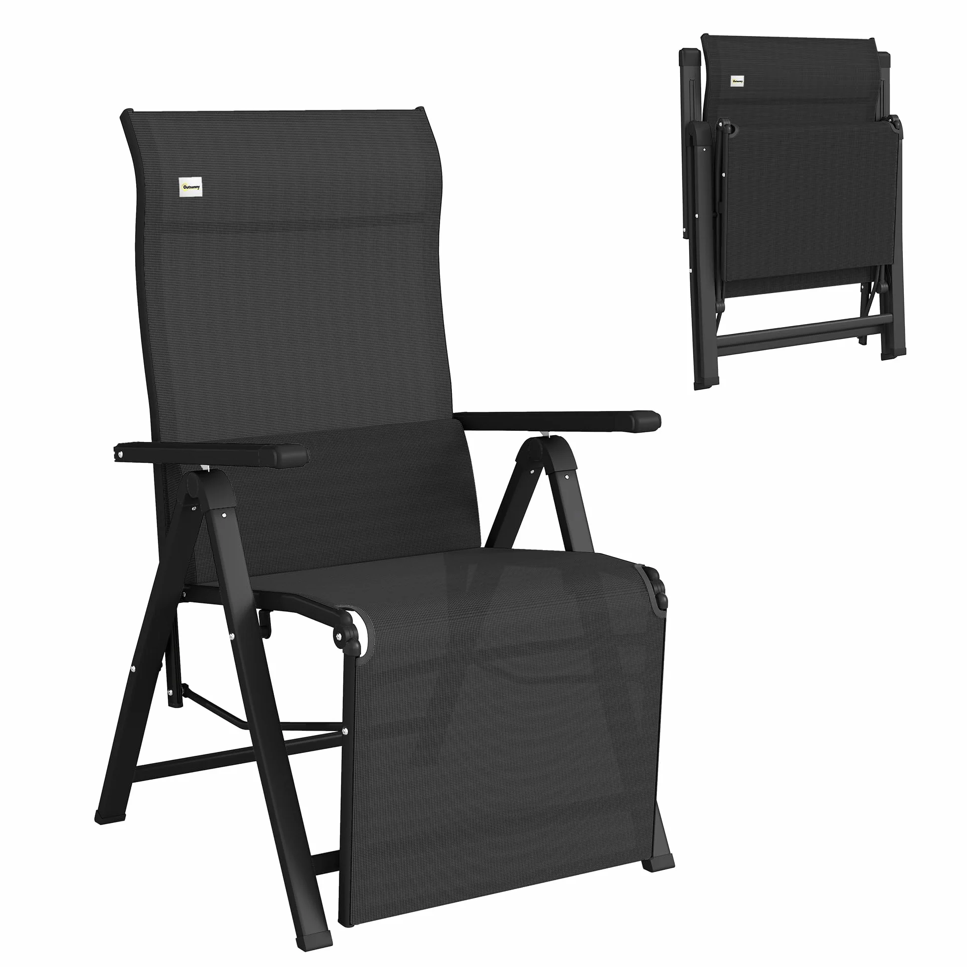 Outsunny Sedia a Sdraio Pieghevole Reclinabile, Poltrona Relax da Giardino con Schienale Regolabile in 9 Posizioni, Cuscino Lombare, per Giardino, Terrazza o Piscina, Nero