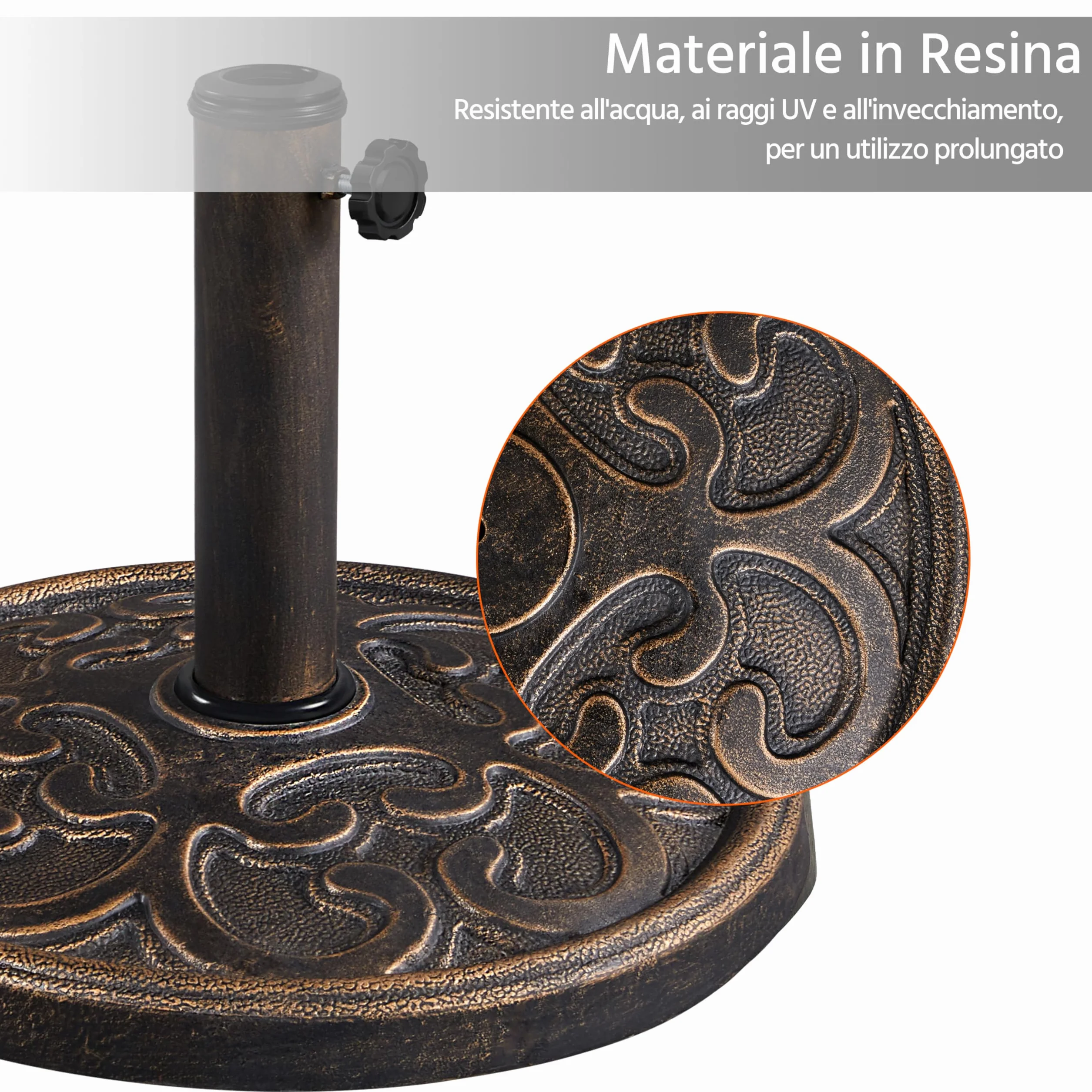 Yaheetech Base per Ombrellone da Giardino in Resina e Metallo Supporto 10 kg per Pali da Ø38mm e Ø48mm con Effetto in Ghisa Esterno Veranda Terrazza Piscina Spiaggia Patio Bronzo