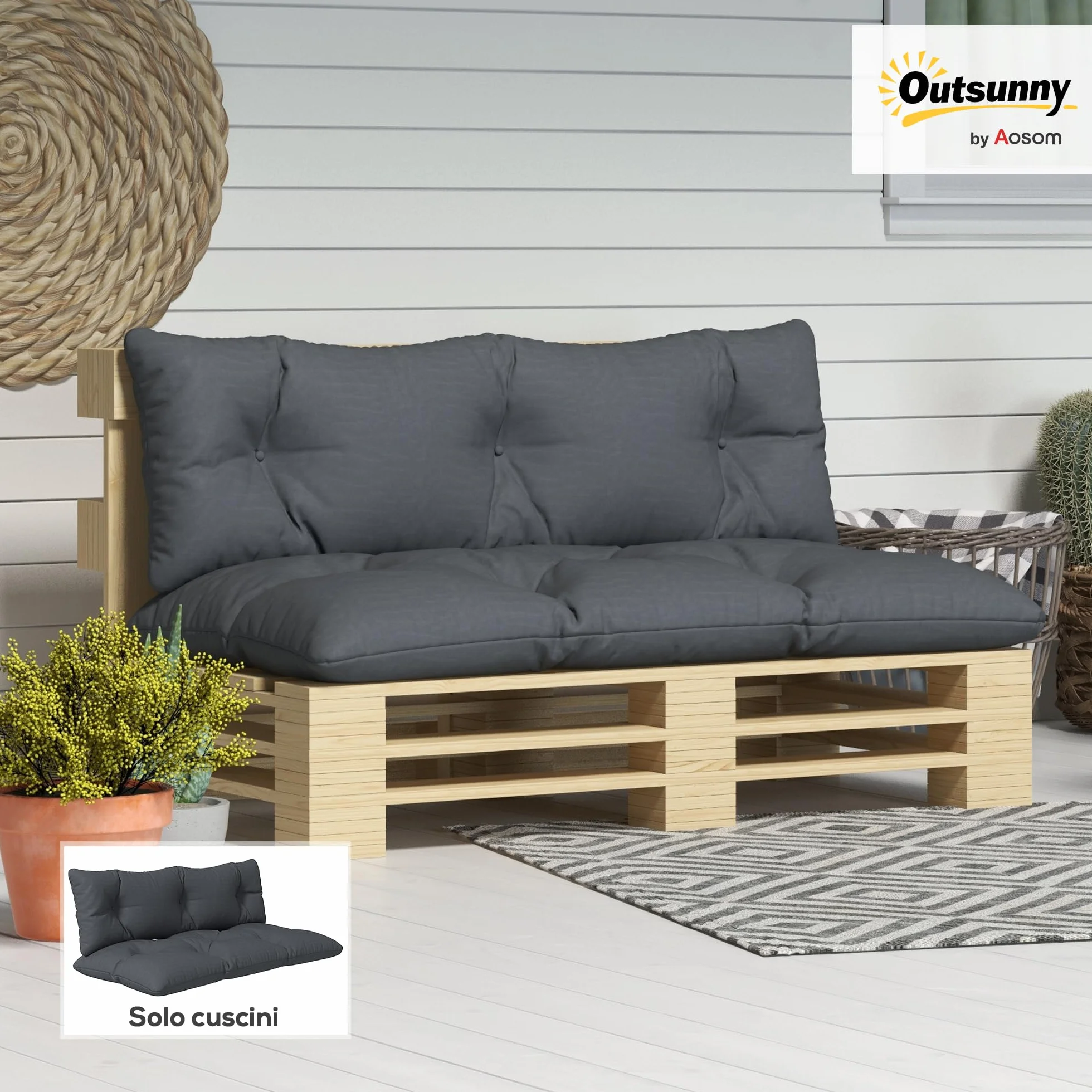 Outsunny Set 2 Pezzi Cuscini per Pallet per Schienale e Seduta con Imbottitura Spessa, Cuscini per Divano in Poliestere, per Interno ed Esterno, 120x60 cm, Grigio Carbone