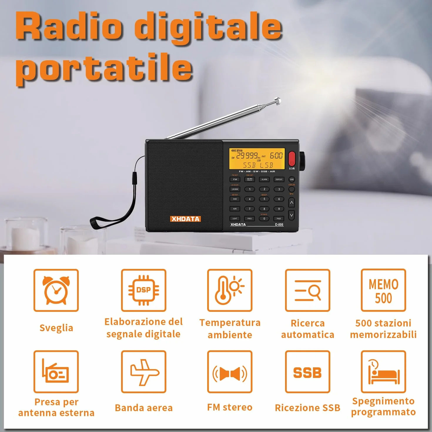 XHDATA D-808 Radio digitale portatile FM Stereo SW MW LW SSB RDS Air Band Multi Band con ATS, display LCD, nero
