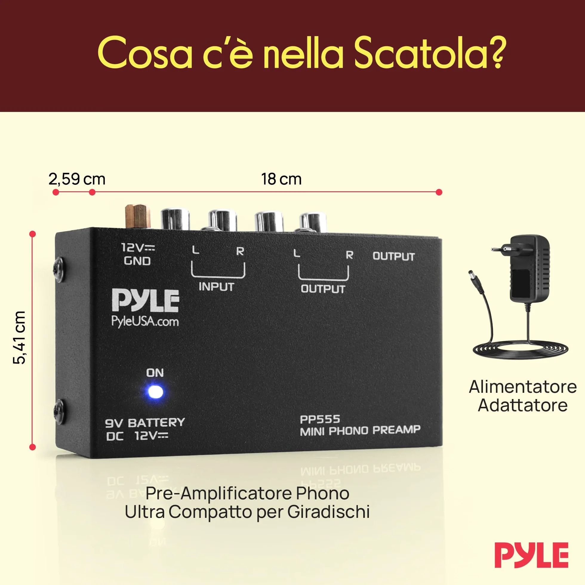 Pyle PP555 Phono Turntable Preamp Mini Electronic Audio Stereo Preamplifier 9V Battery DC 12V RCA Input Output Low Noise Black