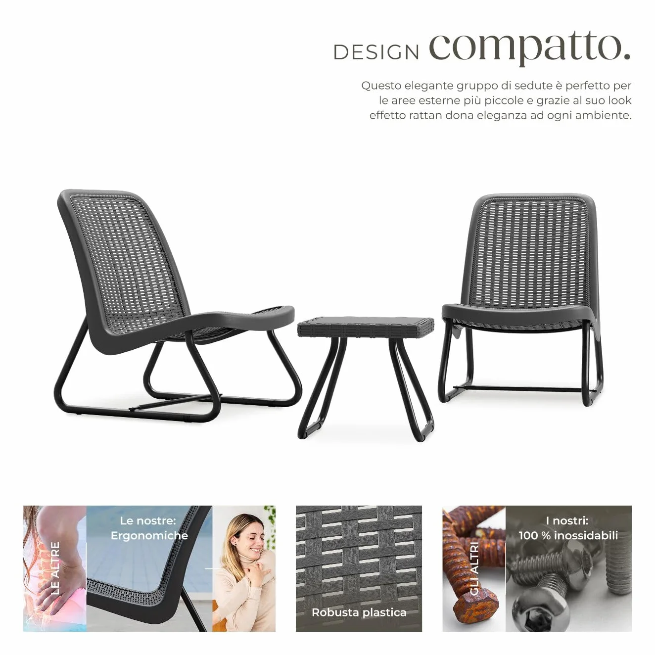 tectake® Salotto da Giardino in Rattan, Salotto da Giardino Esterno con Telaio in Acciaio, 1 Tavolino Salotto, 2 Sedie da Giardino con Schienali Ergonomici e Regolabili in Altezza - Grigio