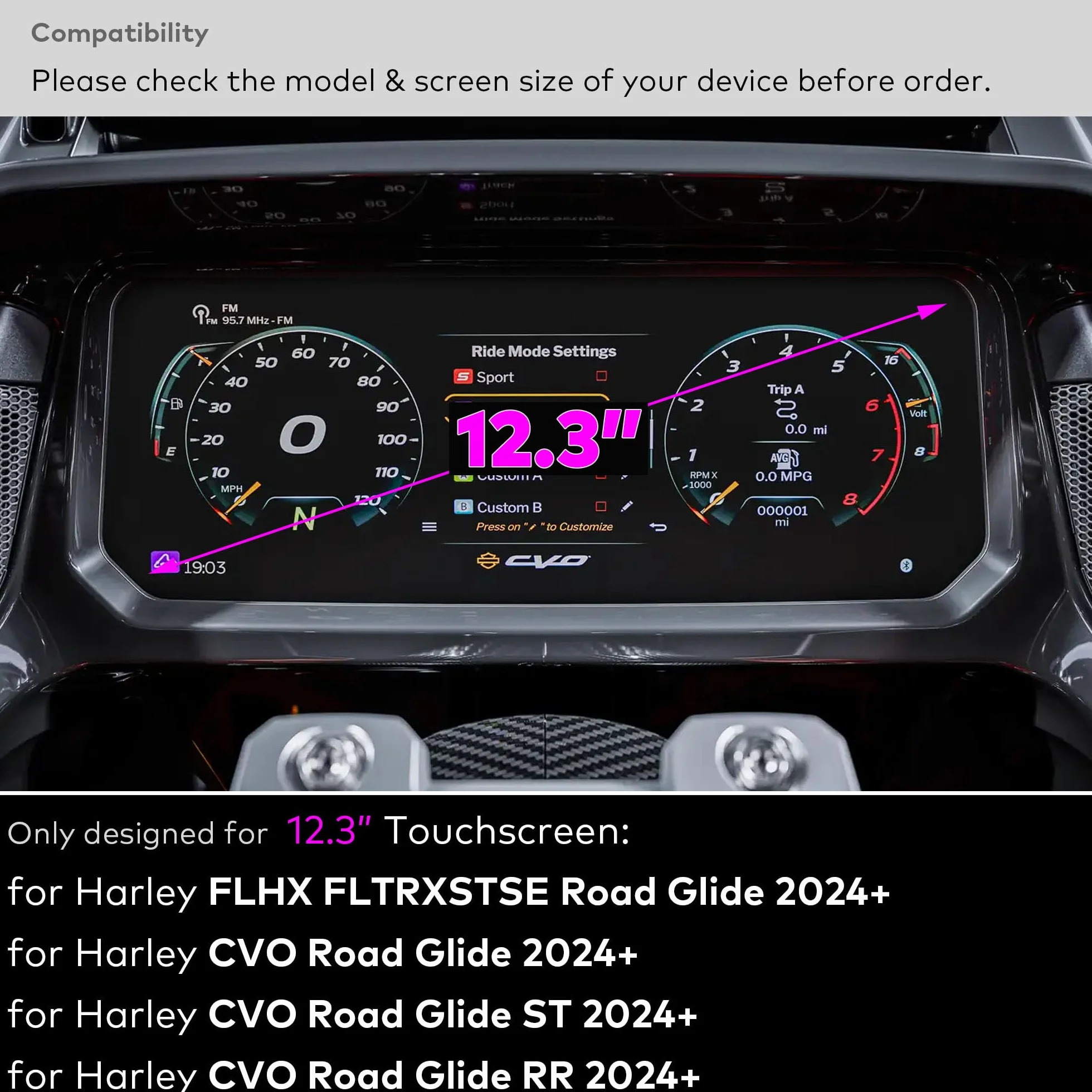 Pellicola vetro temperato per Harley Davidson FLTRXSTSE Road Glide (2024+) CVO Road Glide ST/RR (2024-2026) 12,3" touchscreen HD