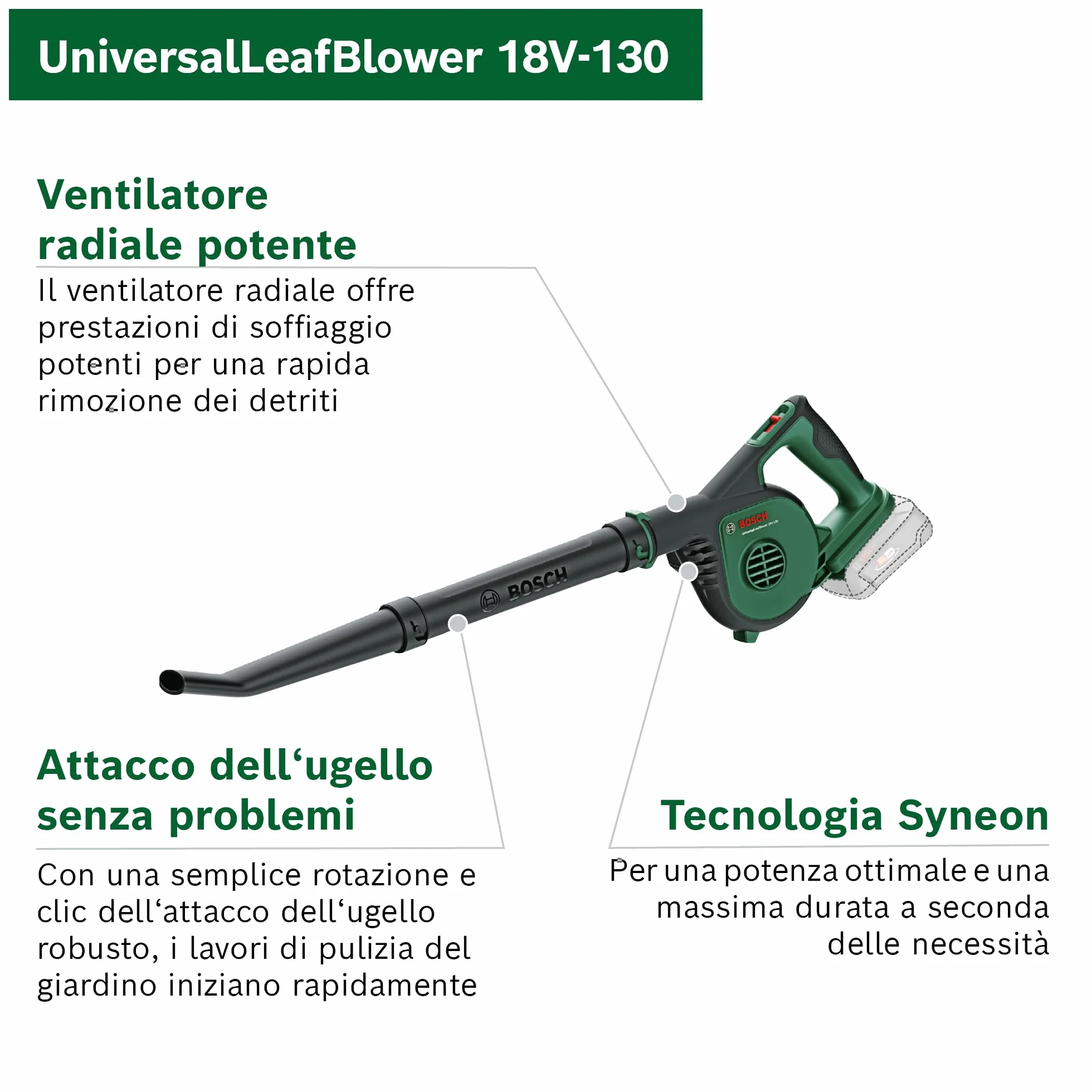 Bosch Soffiatore da giardino a batteria UniversalLeafBlower 18V-130 (per pulizie rapide e agevoli all'esterno; 18 Volt System; senza batteria)