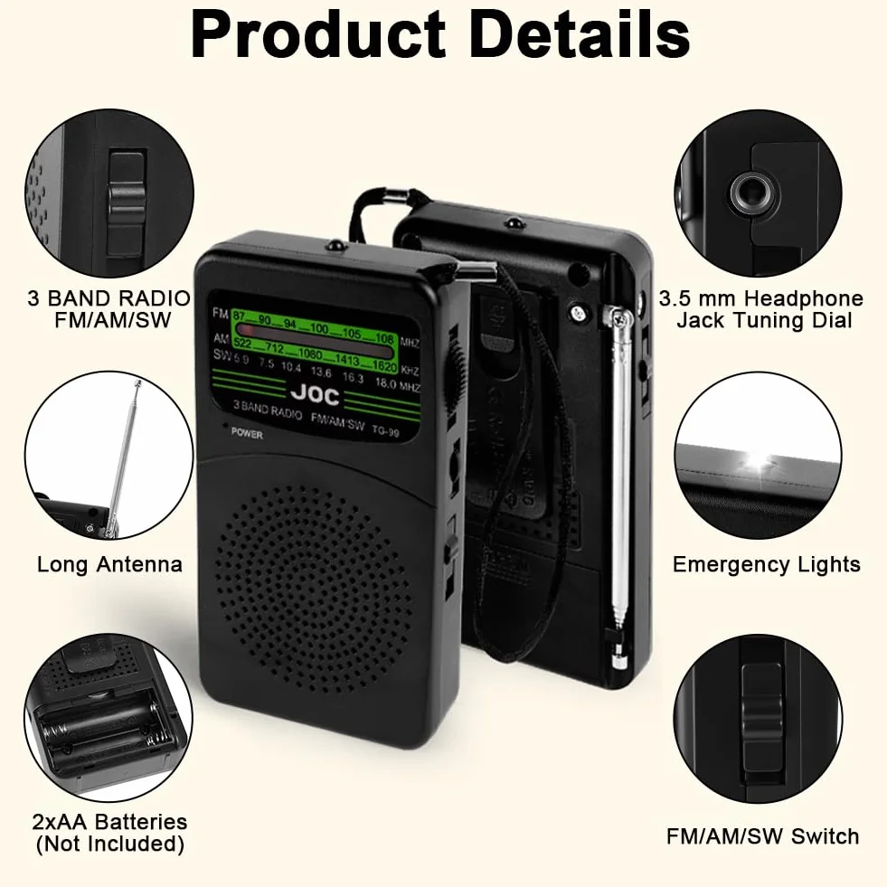 Radio Portatile FM/AM OSDUE, Radiolina Tascabile con Ricezione Eccellente, Batterie AA, Clip a Moschettone, Nero
