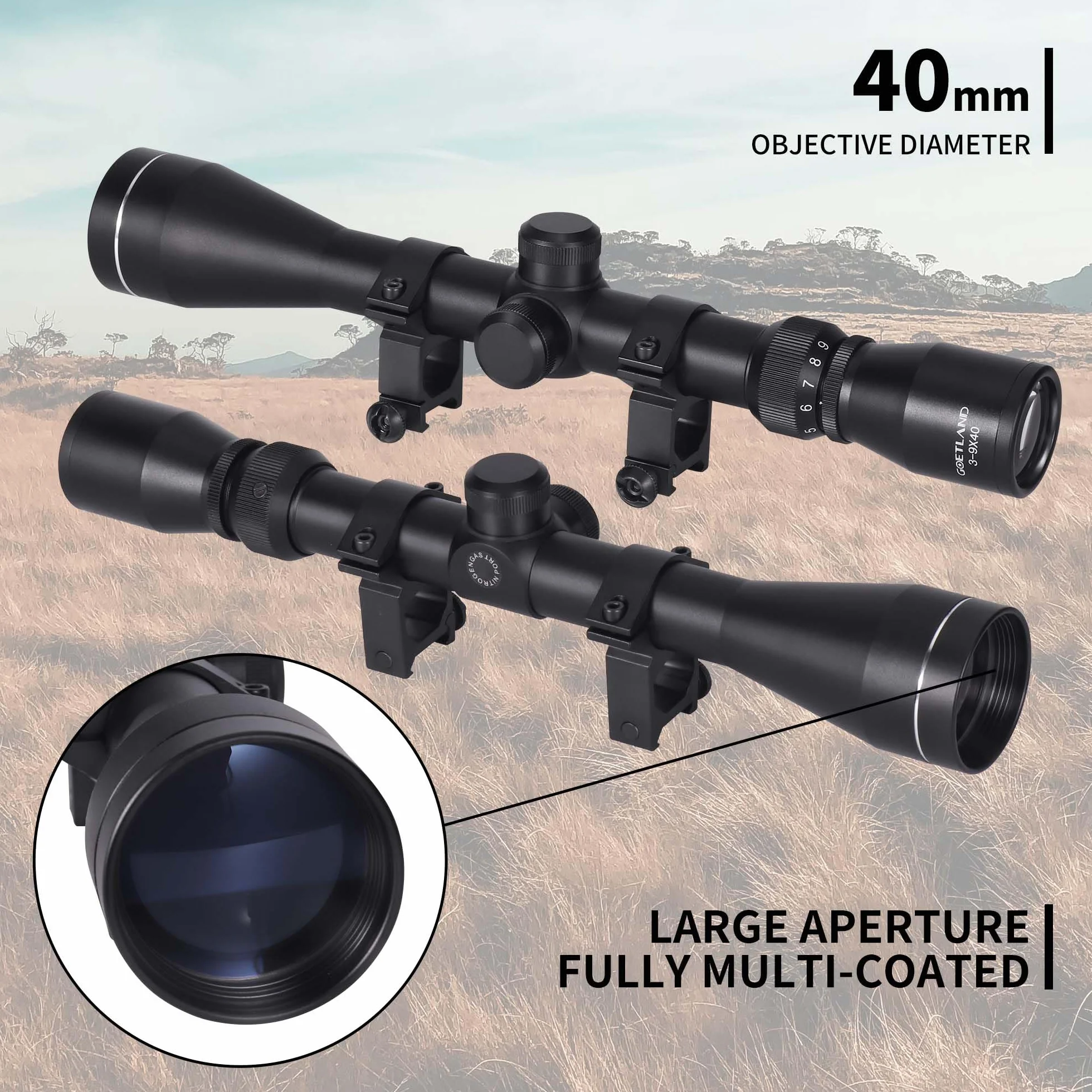 Goetland 3-9x40 Ottica per Carabina Aria Compressa Cannocchiale da Puntamento R4 Reticolo SFP con Anelli di Montaggio