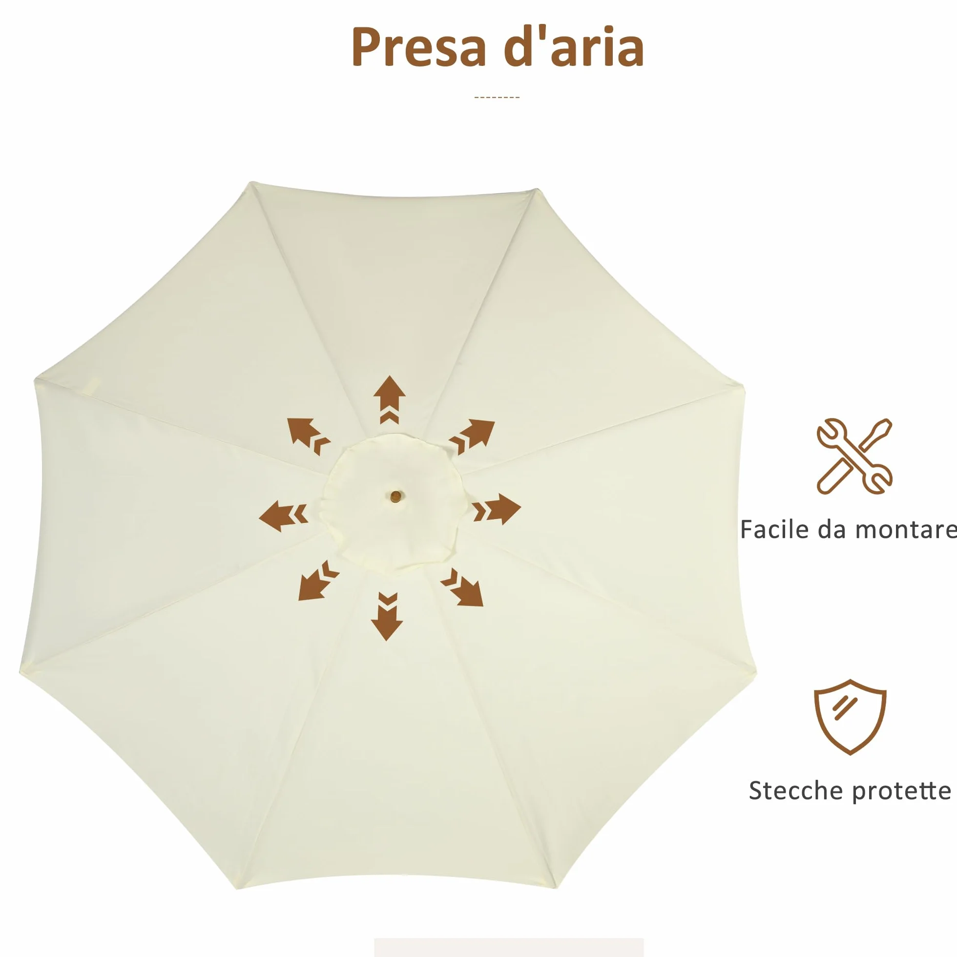 Outsunny Ombrellone da Giardino Ø3.25m con Corde, Apertura Regolabile e Prese d'Aria, Ombrellone da Esterno con 8 Stecche in Legno, Bambù e Poliestere 180g/㎡, per Cortile, Terrazza e Balcone