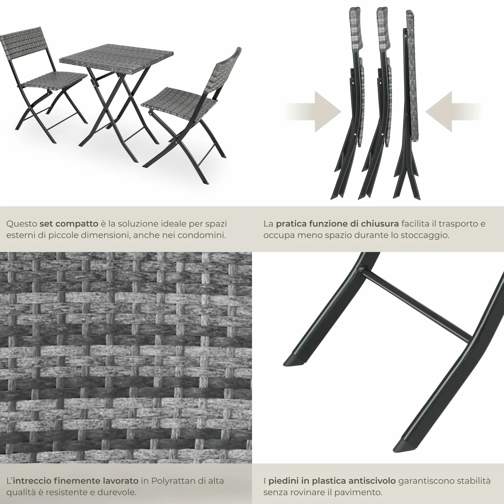 tectake® Set 3 Pezzi Trevi in Rattan, 1 Tavolo con 2 Sedie, Protezione dai Raggi UV, Ripiegabile, Design Moderno, Set Giardino, Terrazzo, Balcone, Campeggio - Grigio