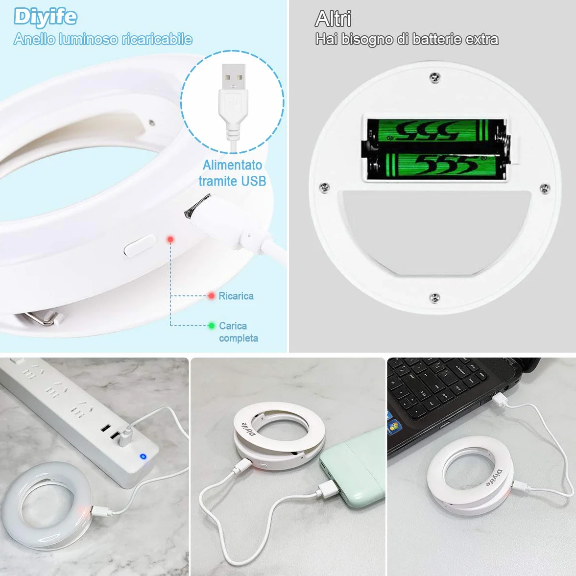 Diyife Selfie Ring Light Ricaricabile 3 Livelli Luminosità 40 LED con Clip per Telefono YouTube Facebook Live Stream
