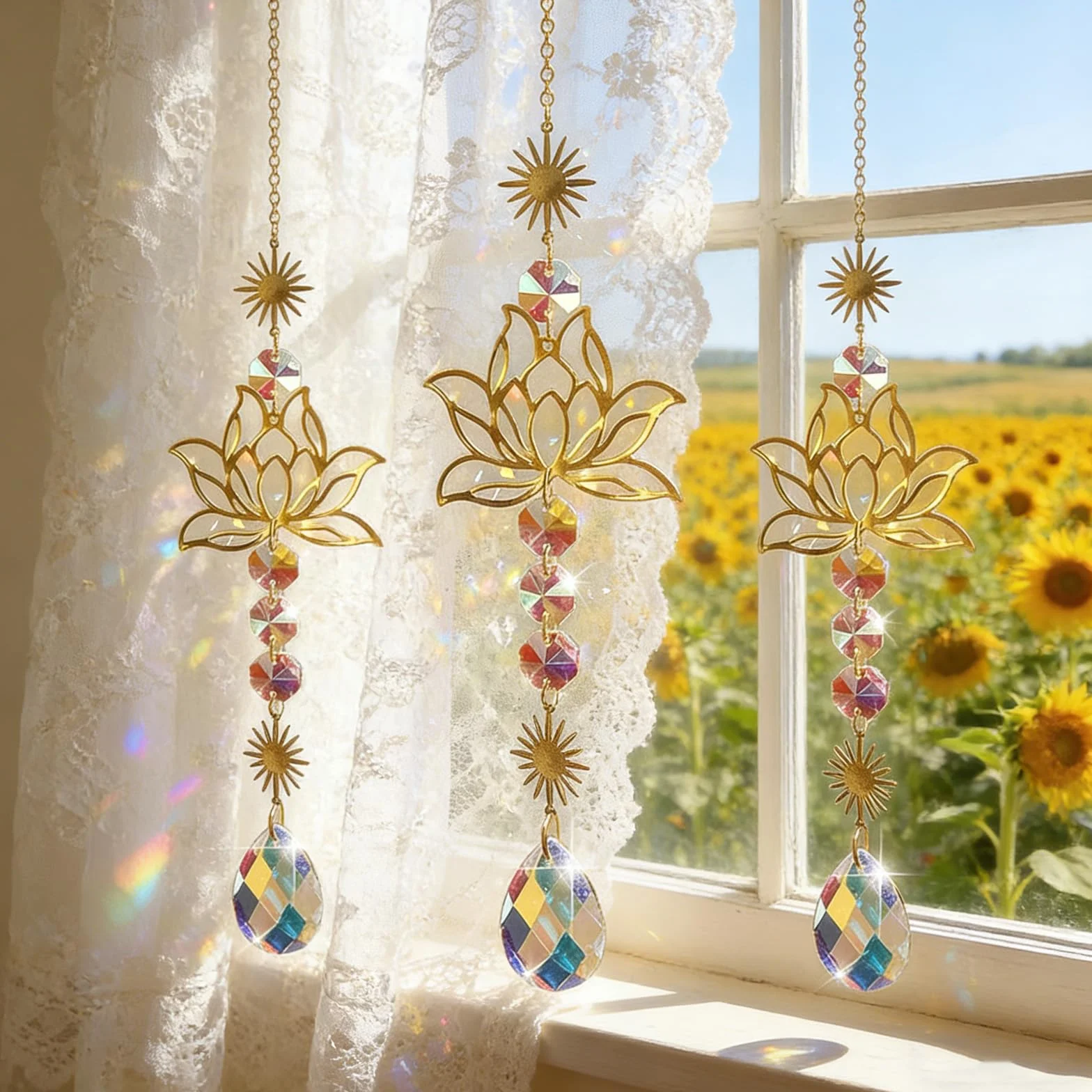 Acchiappasole in Cristallo,3 Pezzi Crystal Suncatcher,Appendere Vetro Acchiappa Sole,Fiore di Loto,Pendenti Prismi Cristallo,Pendenti Suncatcher Decorazione,per Giardino,Casa,Interno ed Esterno