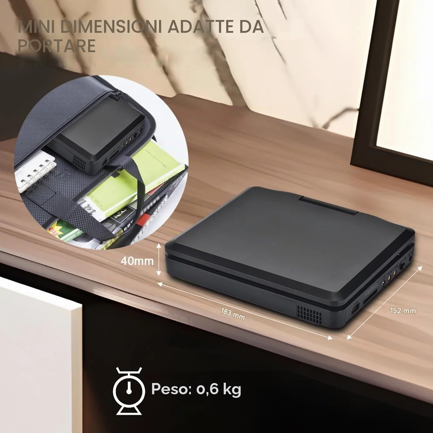 YOOHOO Mini lettore DVD portatile 9,5" schermo girevole HD 7,5" multi regione per auto bambini