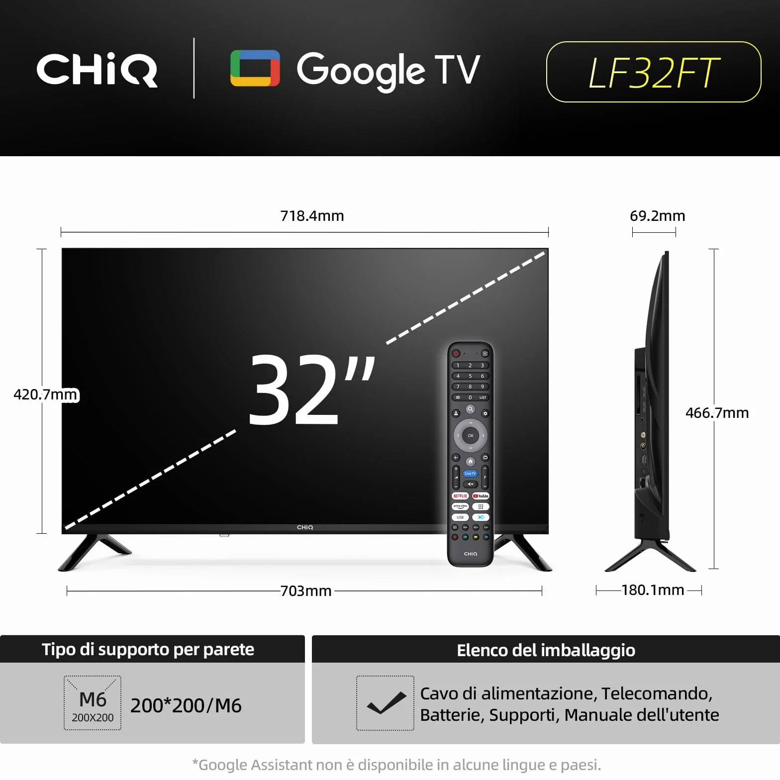 CHiQ Smart TV 32 pollici (81 cm) Full HD HDR10 Google TV OS Dolby Audio dbx-tv Tuner Triplo Chromecast Incorporato Design Metallico Senza Cornice