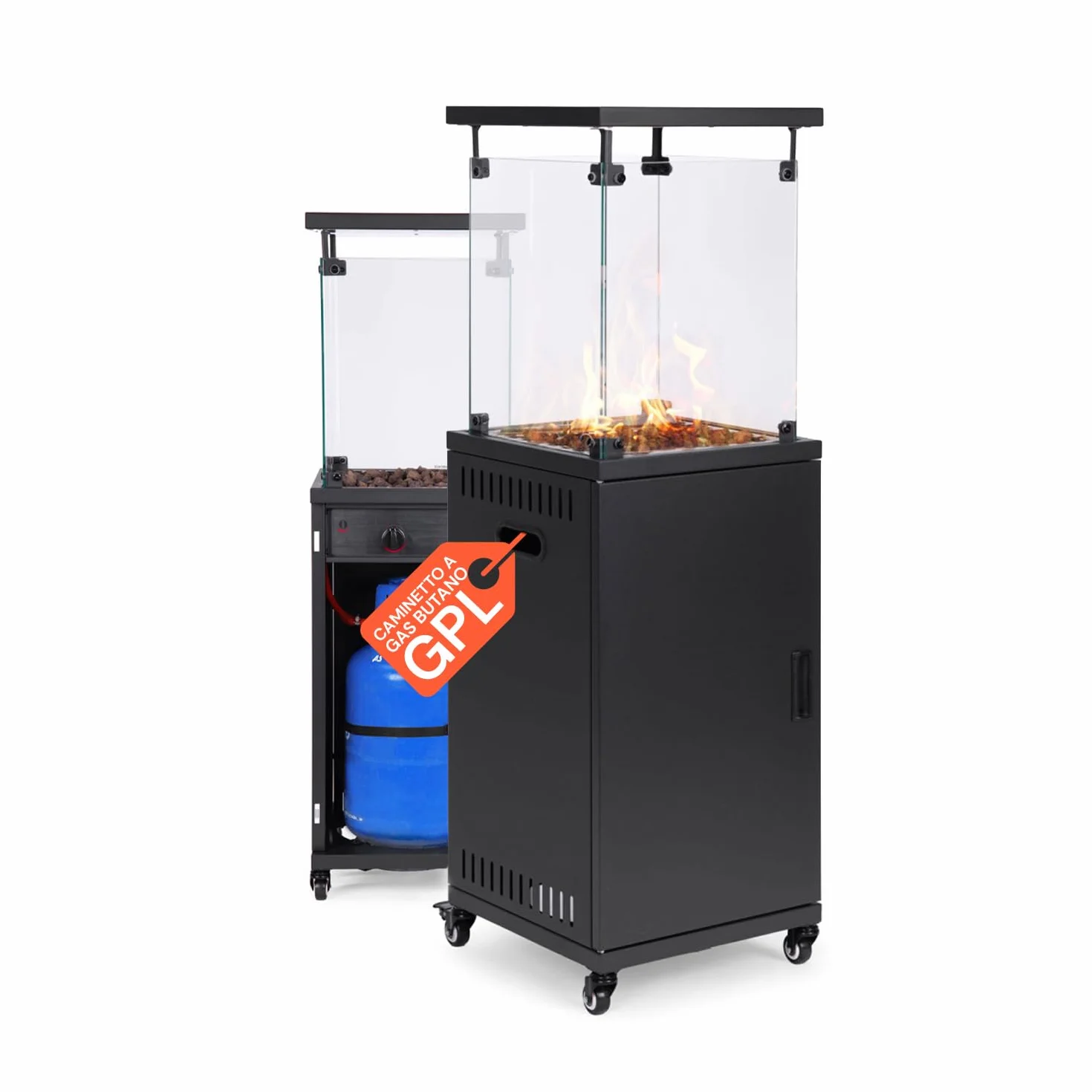 Wintem Caminetto a Gas da Esterno Nero 12 kW 15 m² Accensione Piezoelettrica Roccia Lavica Ruote