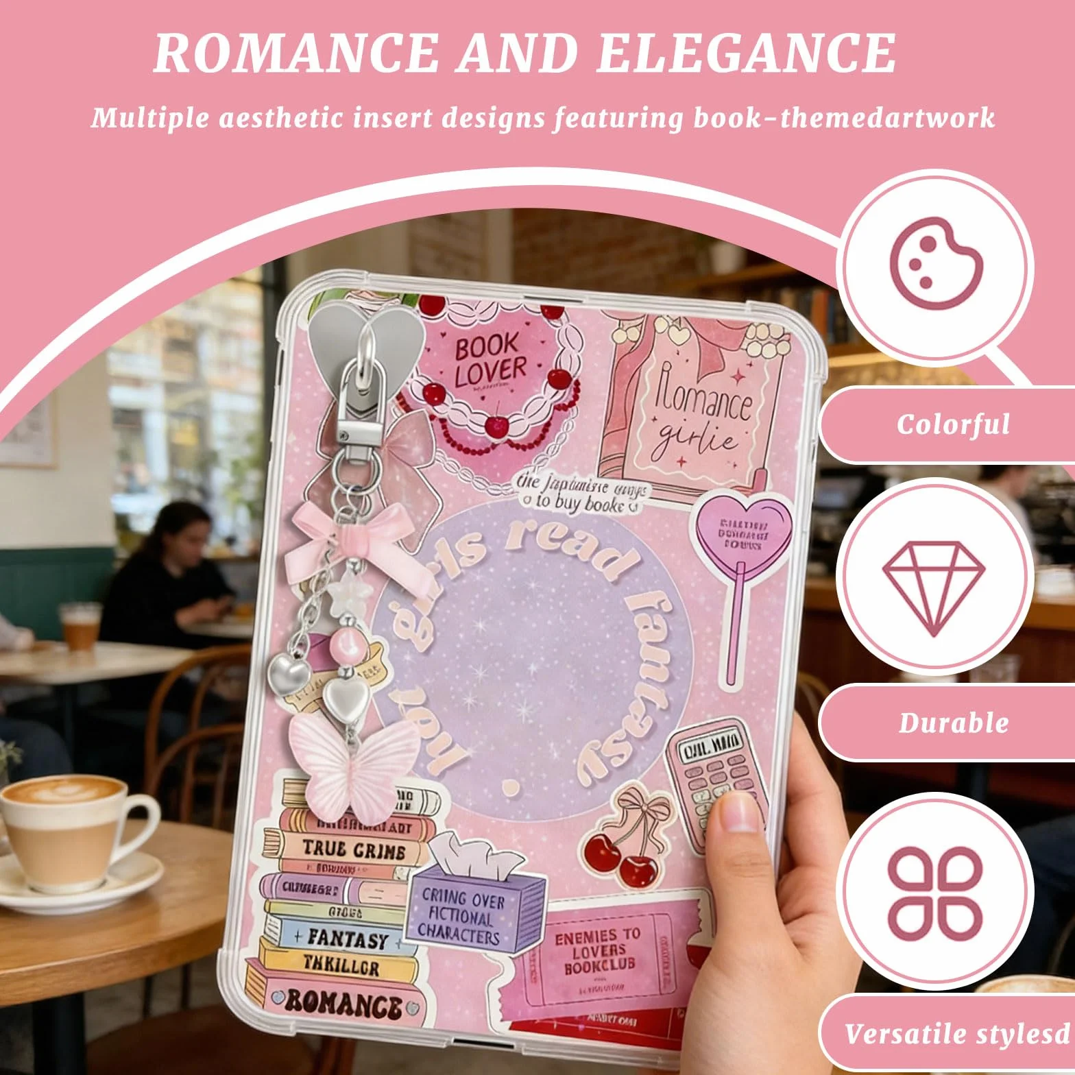 Set Decorativo Rosa VelvetGlow 6 Inserti e 2 Ciondoli in Perla per Custodia E-Reader Compatibile con Paperwhite 11ª/12ª Gen