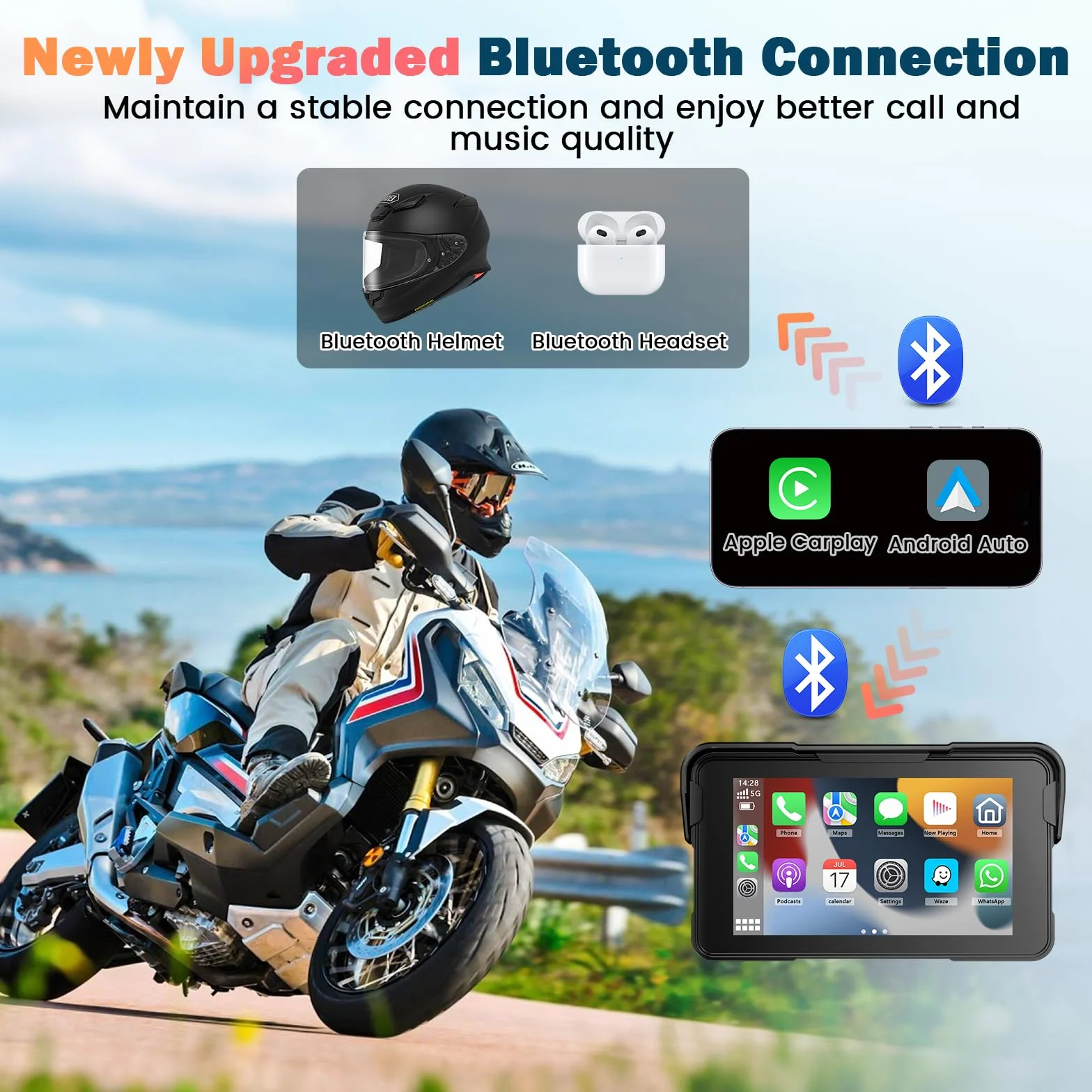 Navigatore Moto 5 Pollici Schermo Moto Carplay per Apple e Android Auto IP67 Impermeabile Touchscreen Bluetooth GPS