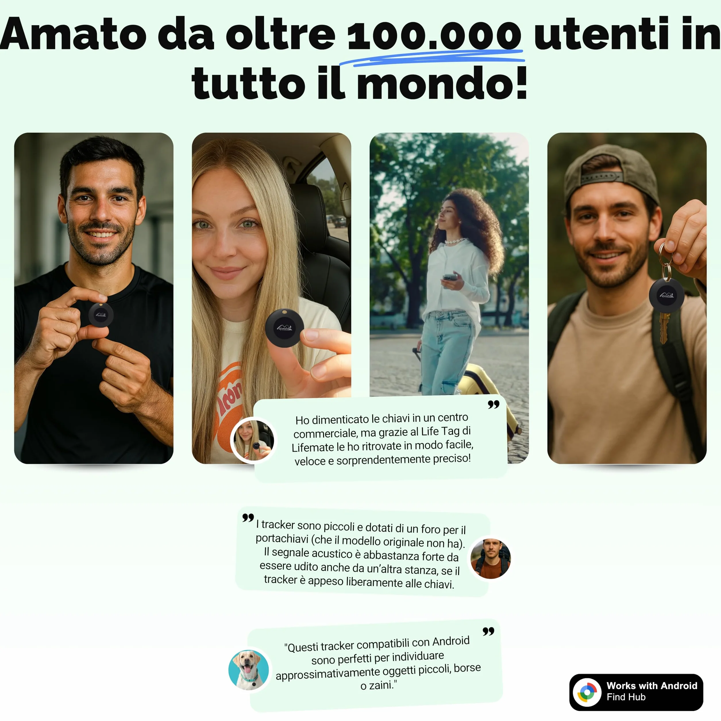 Lifemate Tag Android 4 Pack – Localizzatore GPS Bluetooth IP67 Impermeabile Trova Chiavi e Oggetti Smarriti