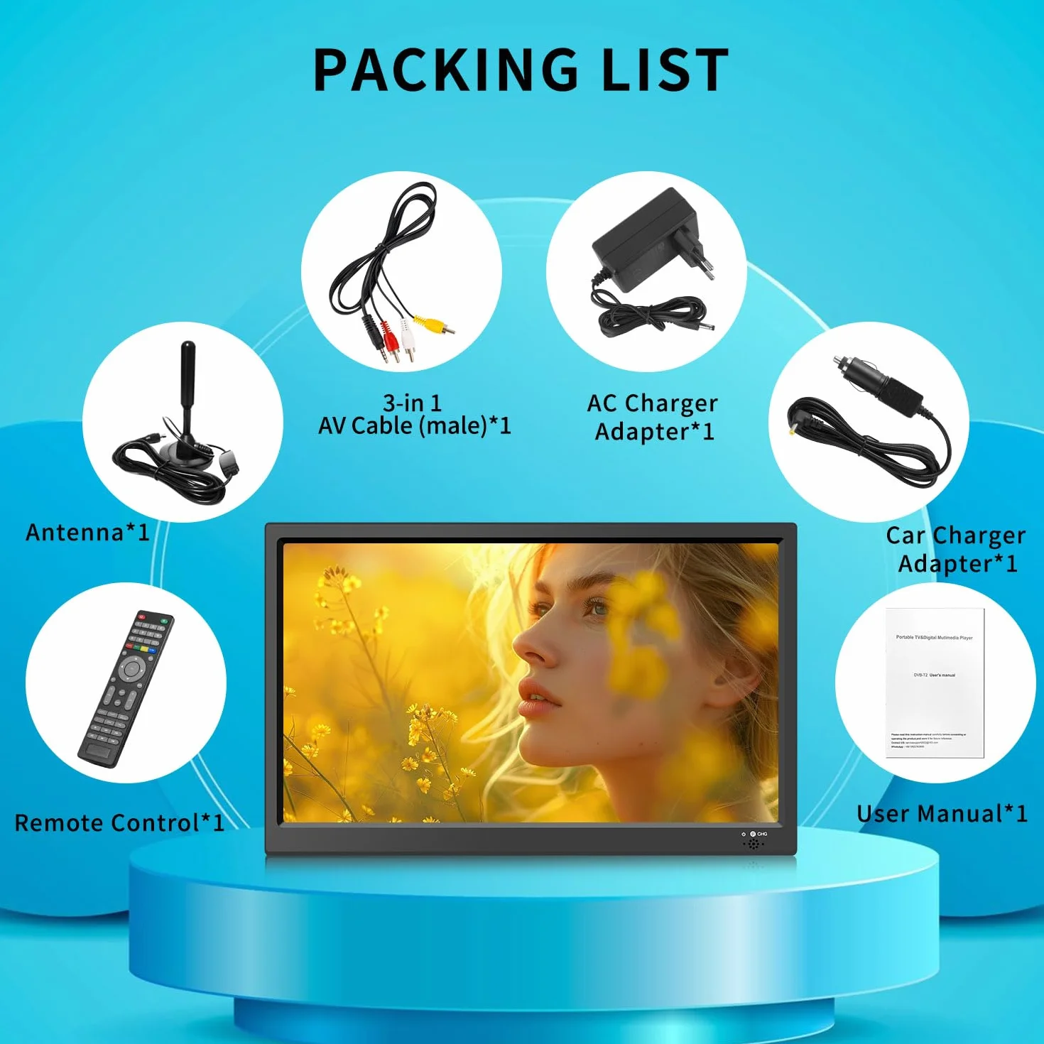 KCR TV digitale ricaricabile 15,6 pollici DVB-T2 HDMI USB