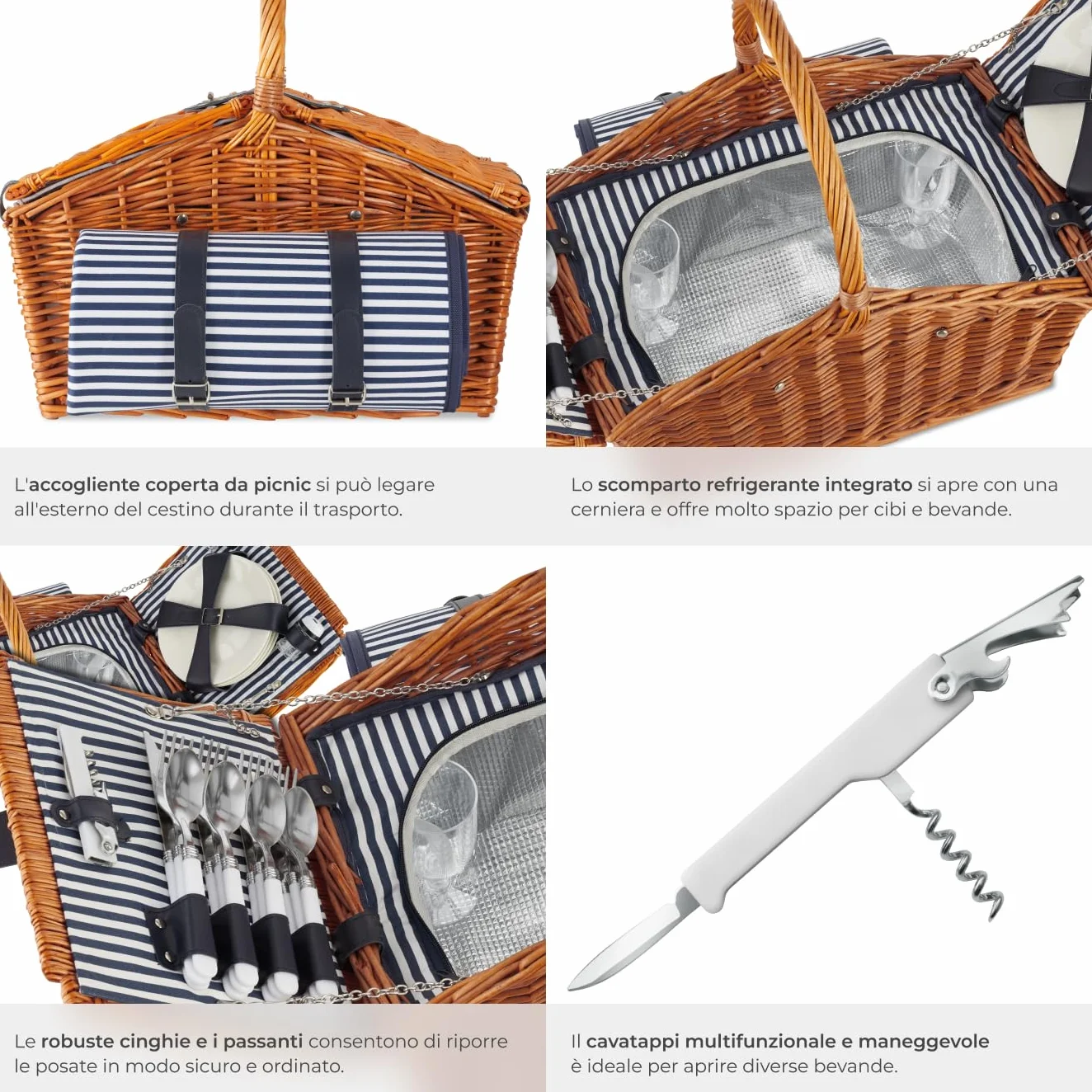 tectake®, cestino picnic 4 persone, cesto picnic vimini, coperta impermeabile, scomparto refrigerante, set picnic 23 pezzi, cestino termico picnic, camping accessori, camper, cesto picnic - Usedom