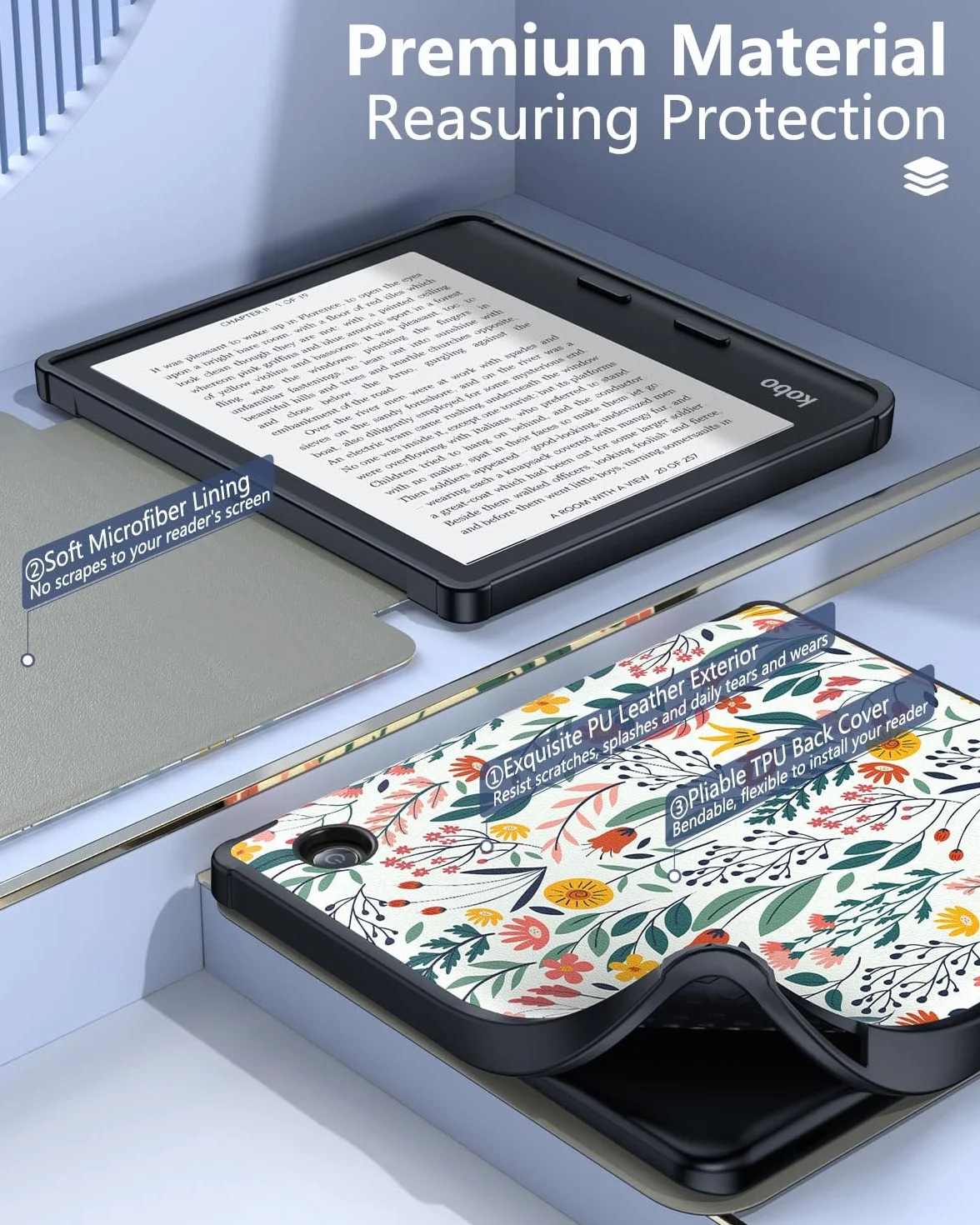 MoKo Cover per Kobo Libra Colour 7 Pollici 2024, Custodia Protettiva in TPU Morbido con Auto Wake/Sleep, Fiori