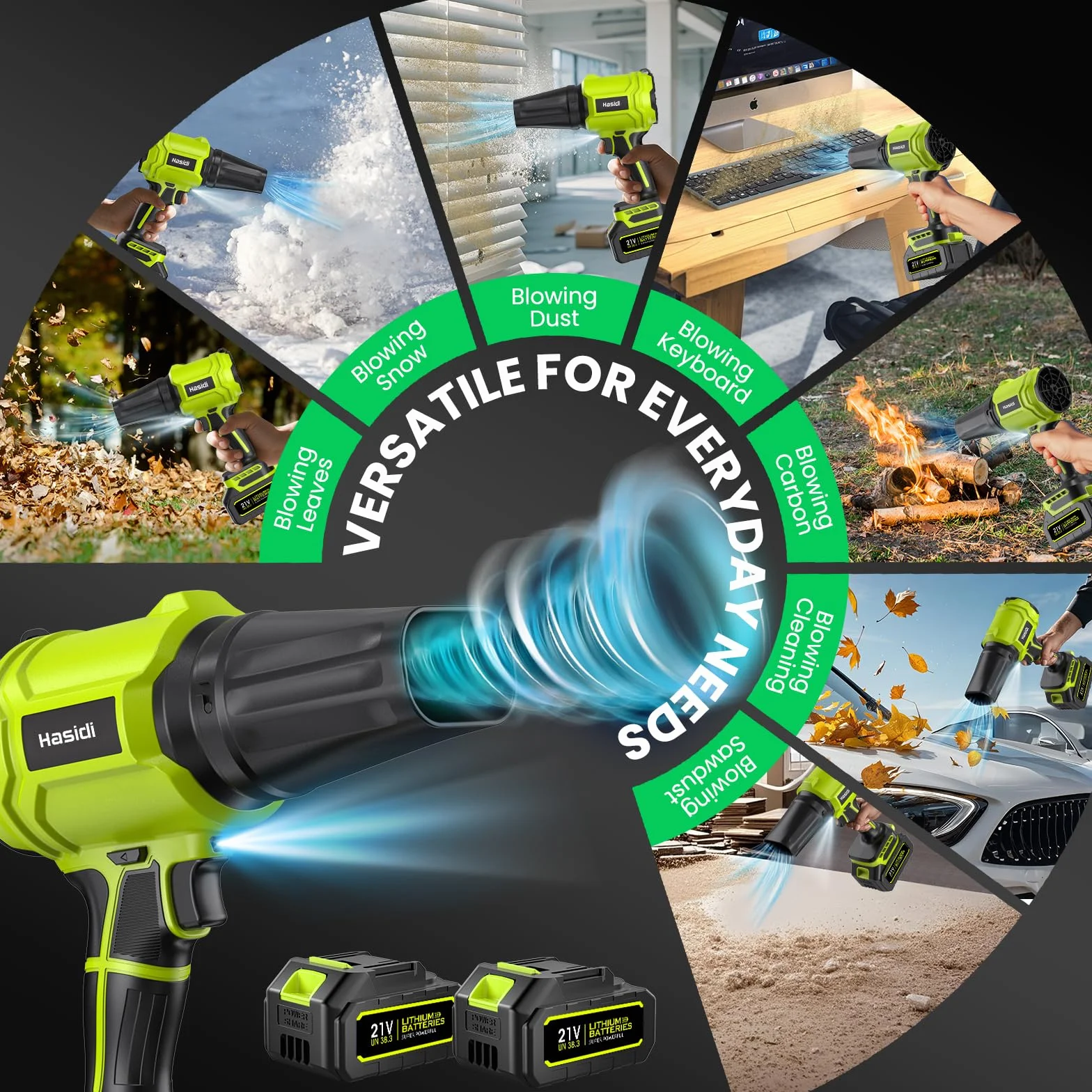 Soffiatore a Batteria, 900.000 RPM, Soffiatore Foglie Elettrico Completo di 2 Batterie, Caricabatterie e 2 Ugelli, per Giardino, Cortile, Auto e Rimozione Neve, Verde
