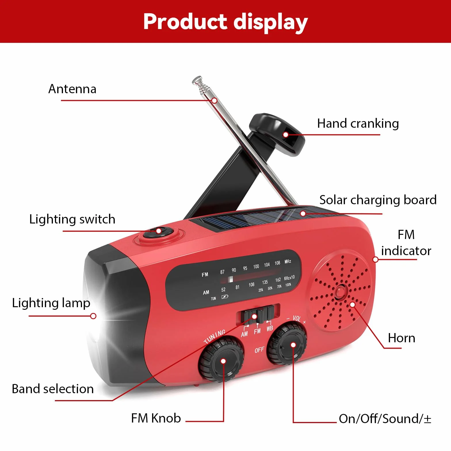 Radio d'emergenza a manovella solare multifunzione con torcia LED power bank SOS, 2000mAh IPX3 per campeggio sopravvivenza