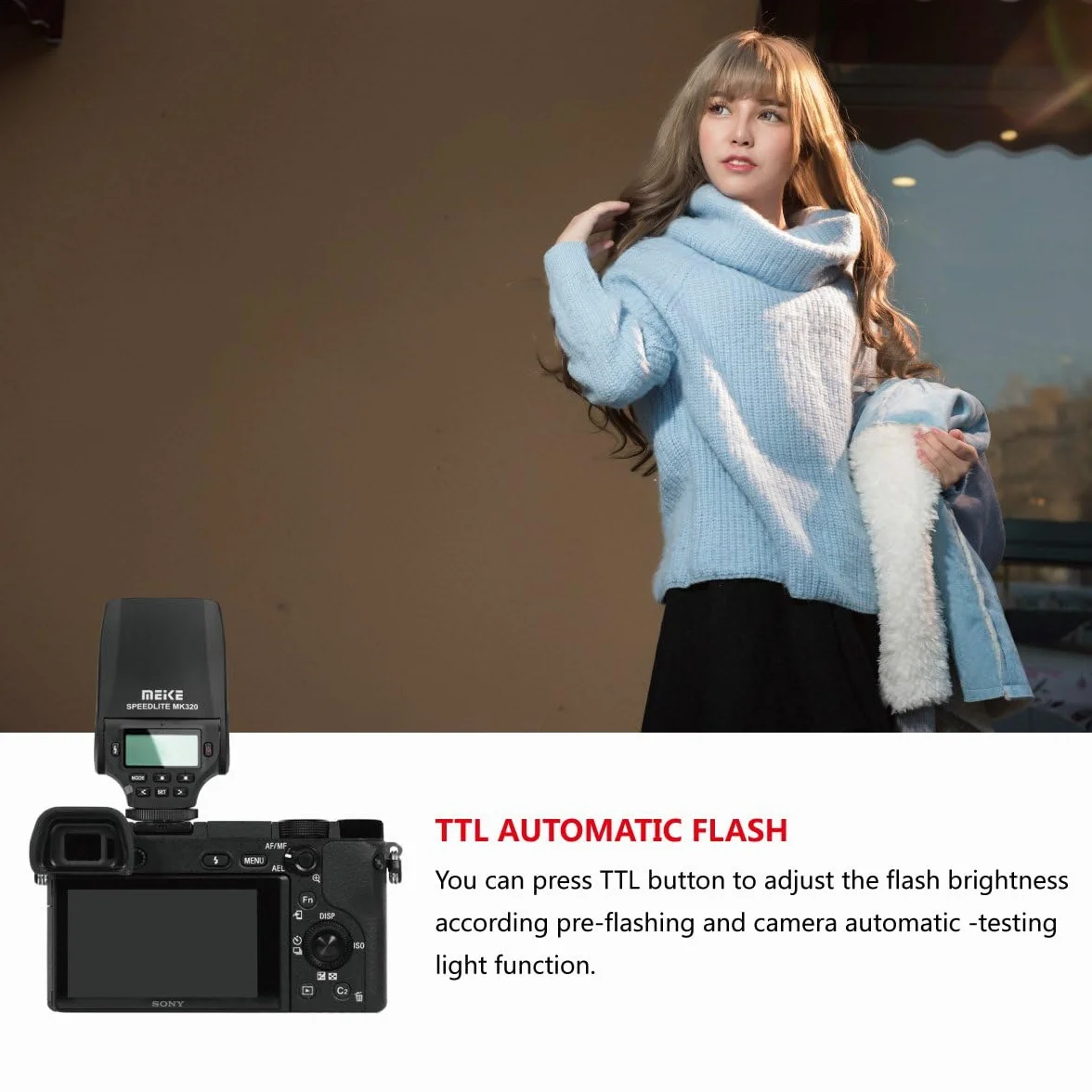Meike MK-320S Mini TTL Speedlite Flash for Sony MI Hot Shoe A7 A7II NEX6 A6000 A6300 A6500
