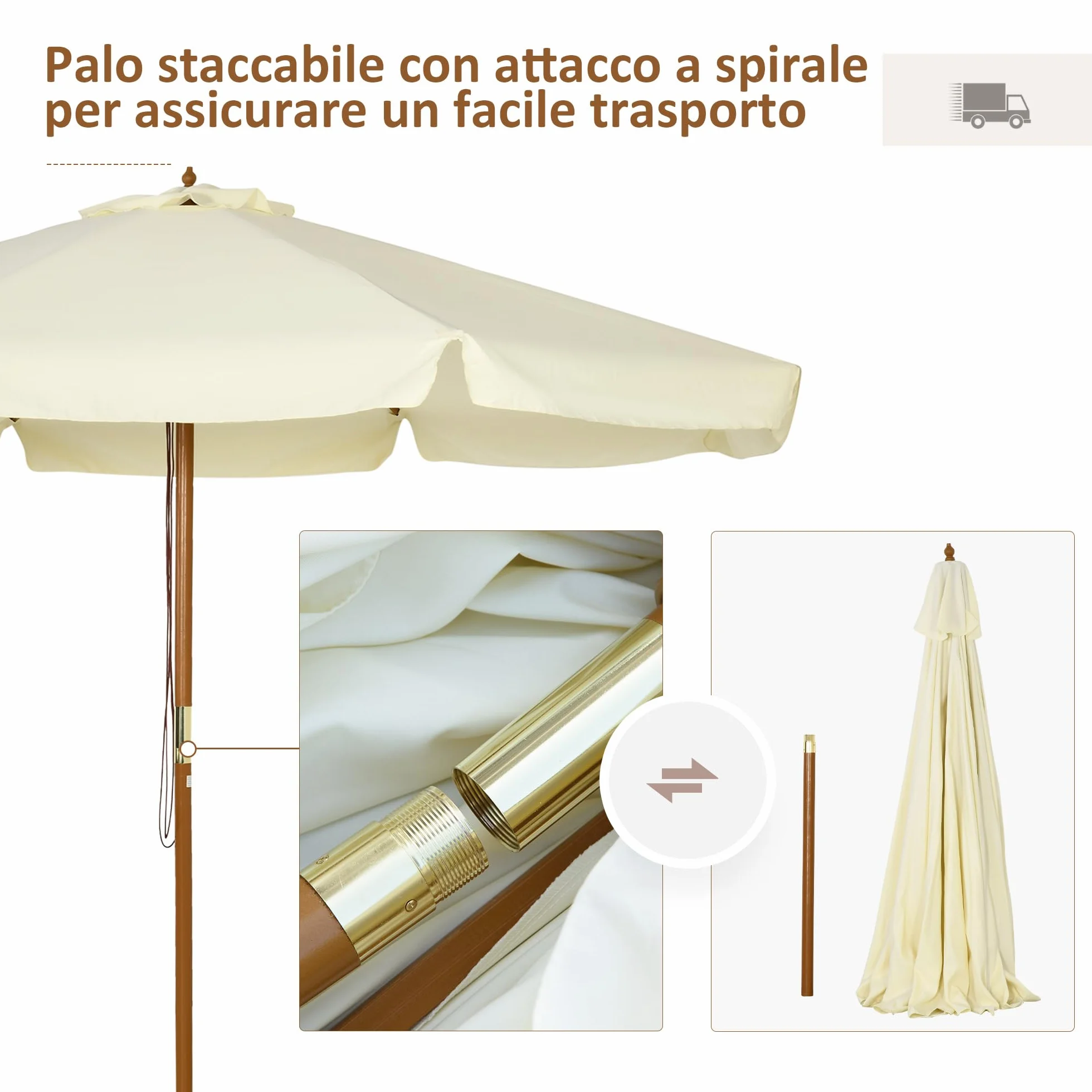 Outsunny Ombrellone da Giardino Ø3.25m con Corde, Apertura Regolabile e Prese d'Aria, Ombrellone da Esterno con 8 Stecche in Legno, Bambù e Poliestere 180g/㎡, per Cortile, Terrazza e Balcone