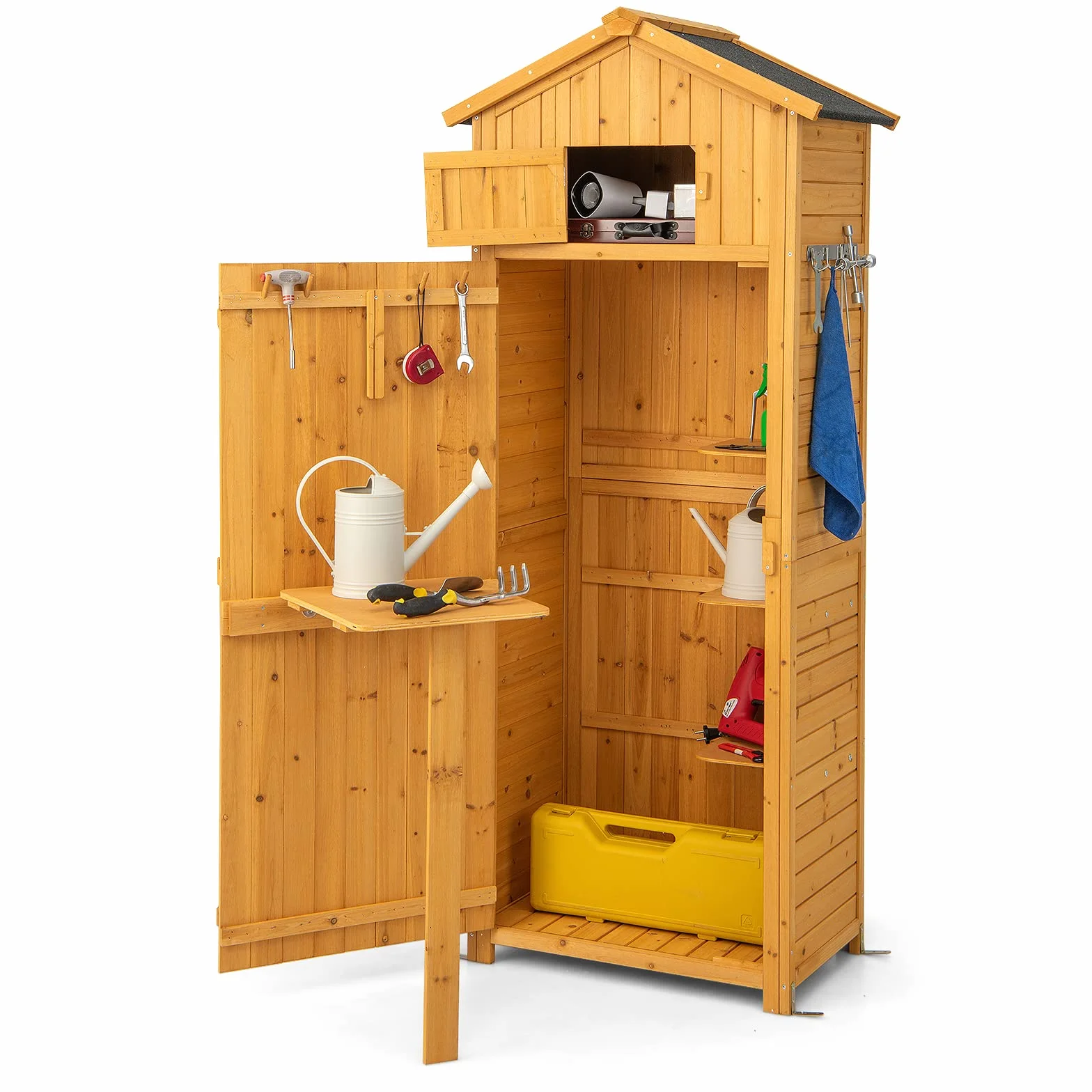 COSTWAY Armadio da Esterno in Legno Capanno da Giardino con Serratura Tavolo Pieghevole Tetto Impermeabile